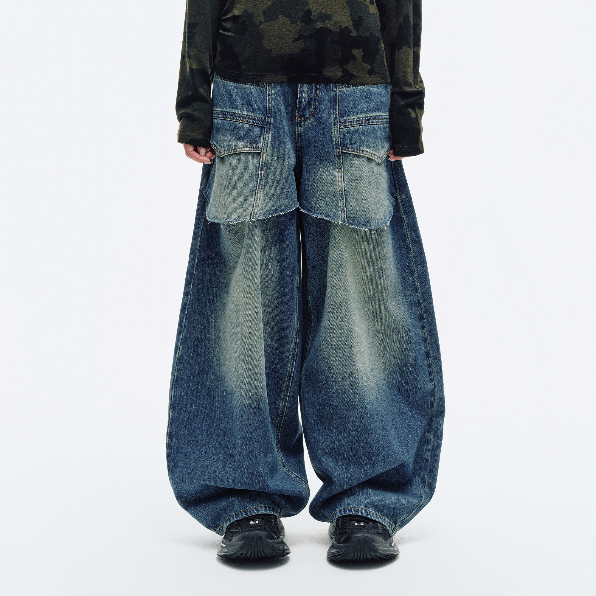 HAHAHA Spliced Washed Faux Layered Jeans