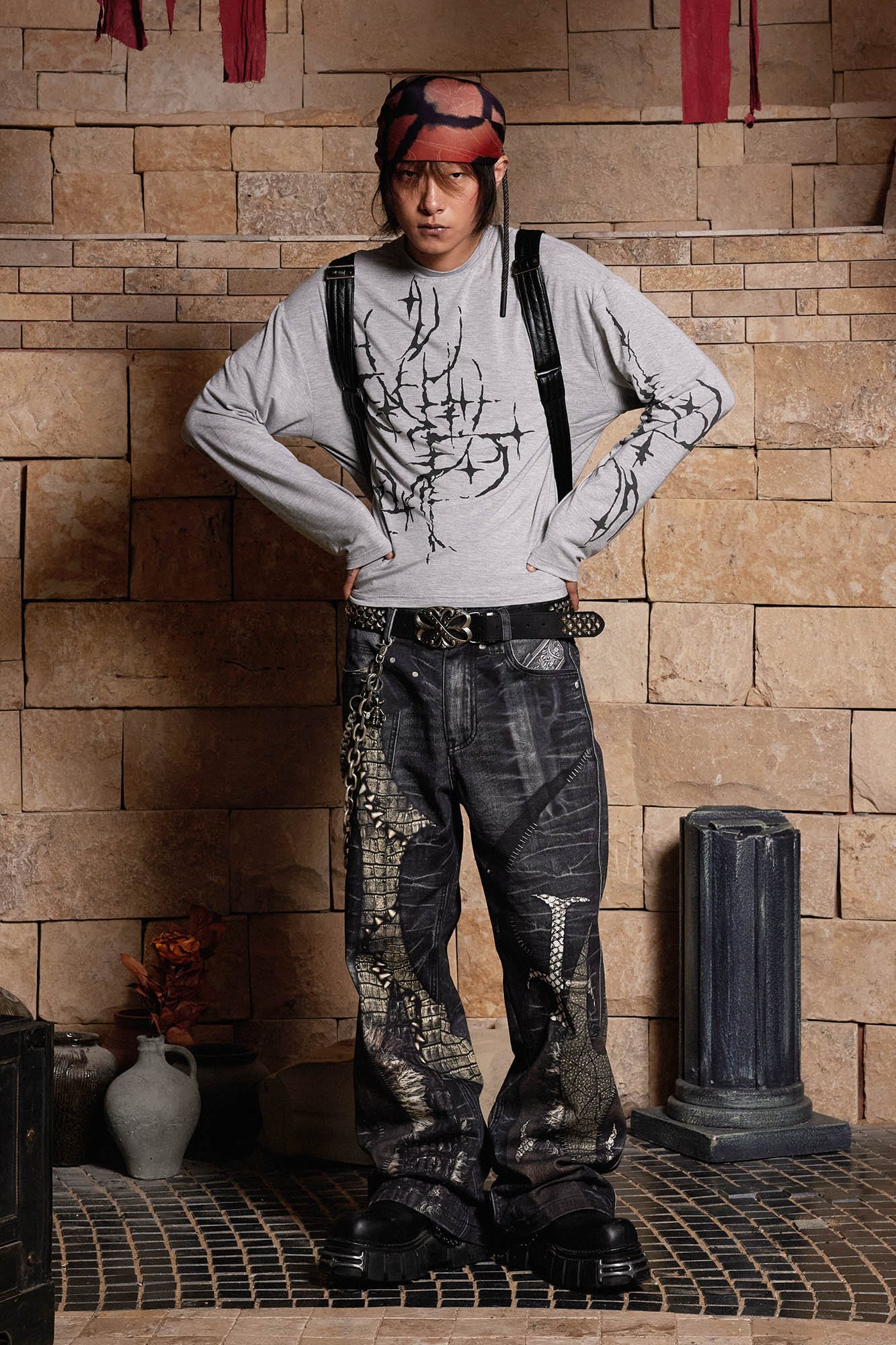 DND4DES Cross Crocodile Spliced Flared Jeans, premium urban and streetwear designers apparel on PROJECTISR.com, DND4DES