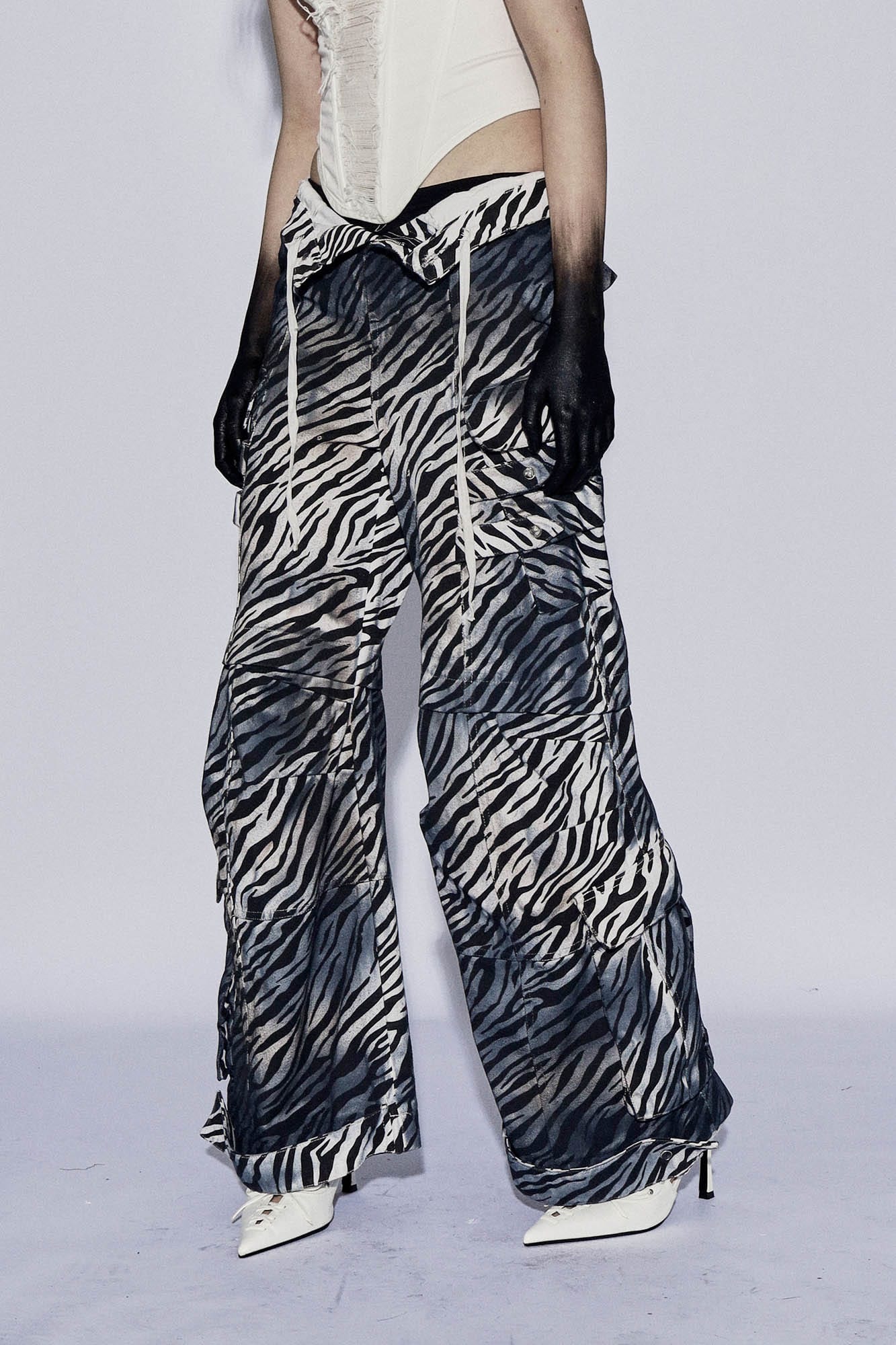 DND4DESxFaychui Zebra Drawstring Pleated Wide-Leg Pants, premium urban and streetwear designers apparel on PROJECTISR.com, DND4DES