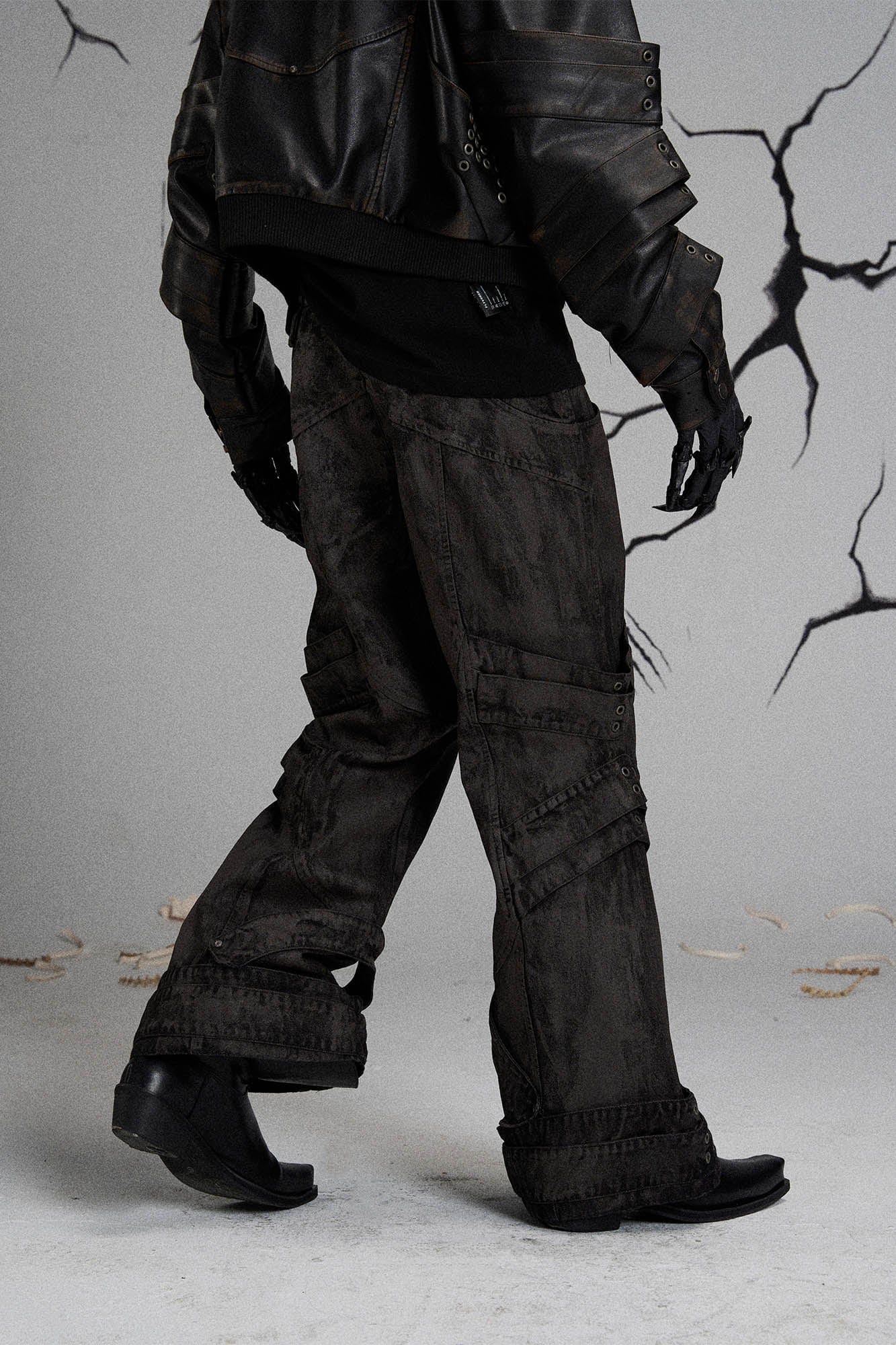FLYERRER Mutation Layered Strap Distressed Wide-Leg Pants, premium urban and streetwear designers apparel on PROJECTISR.com, FLYERRER