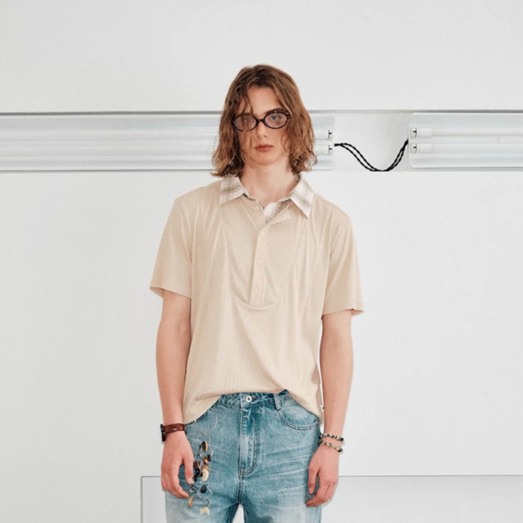 KREATE Layered Plaid Collar Polo T-Shirt, premium urban and streetwear designers apparel on PROJECTISR.com, KREATE