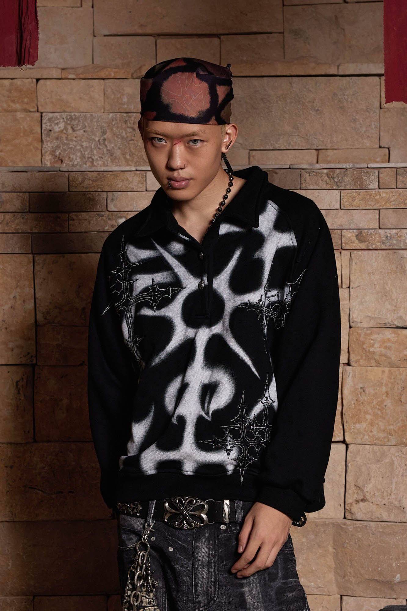 DND4DES Cross Spray-Paint Embroidered Polo Sweatshirt, premium urban and streetwear designers apparel on PROJECTISR.com, DND4DES