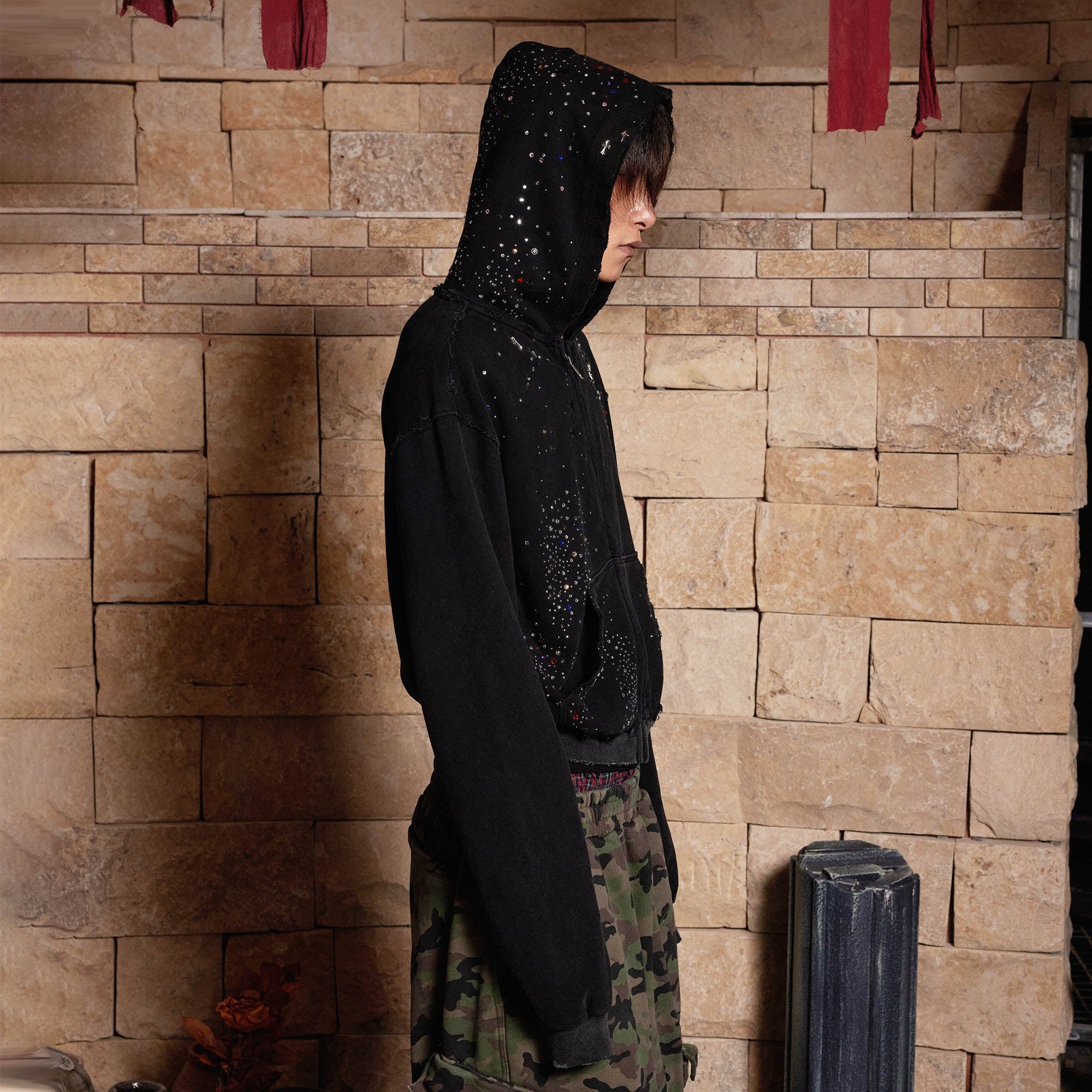 DND4DES Sparkle Diamond Distressed Zip-Up Hoodie, premium urban and streetwear designers apparel on PROJECTISR.com, DND4DES