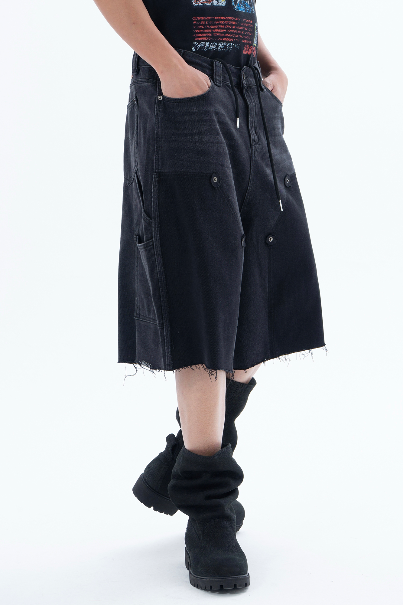 CLP Retro Washed Raw Edge Paneled Shorts