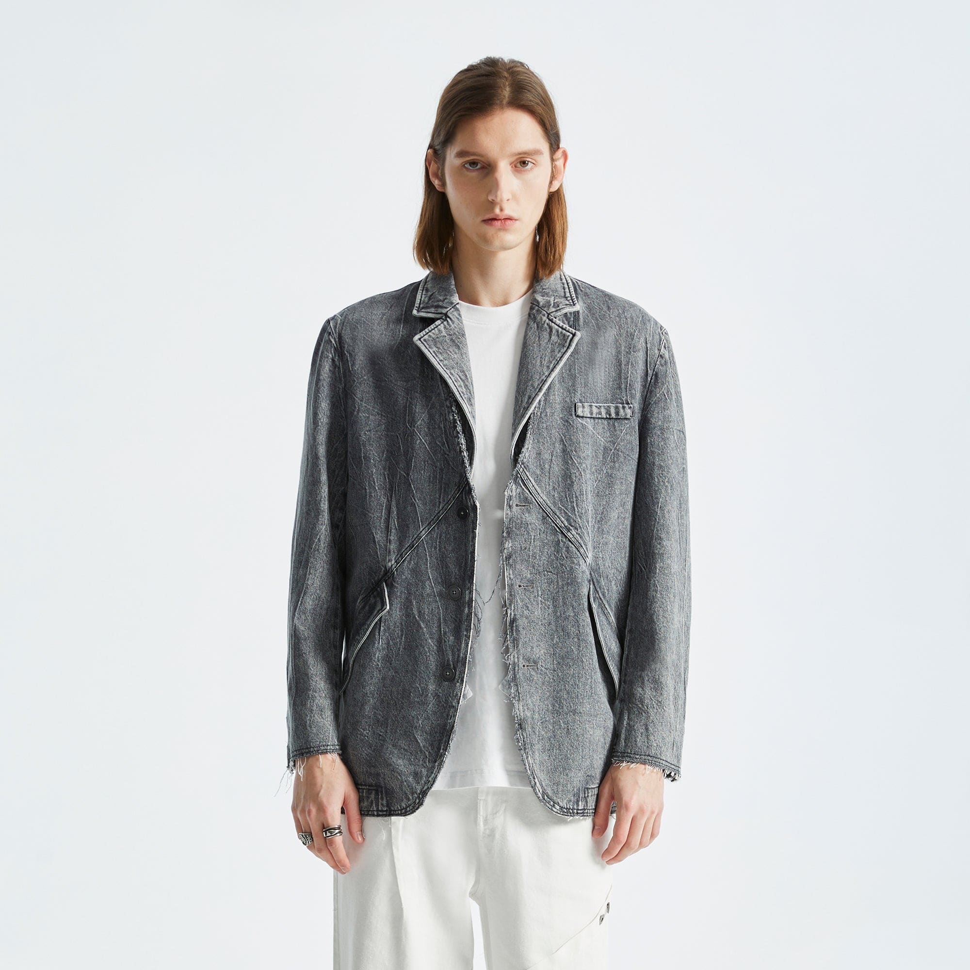 ORGANIC EMOTION Deconstructed Washed Detachable Collar Denim Blazer, premium urban and streetwear designers apparel on PROJECTISR.com, ORGANIC EMOTION