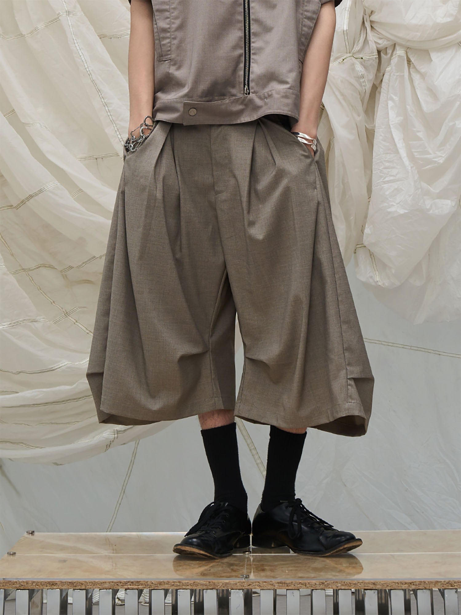 RELABEL Pleated Drape Wide-Leg Shorts, premium urban and streetwear designers apparel on PROJECTISR.com, RELABEL