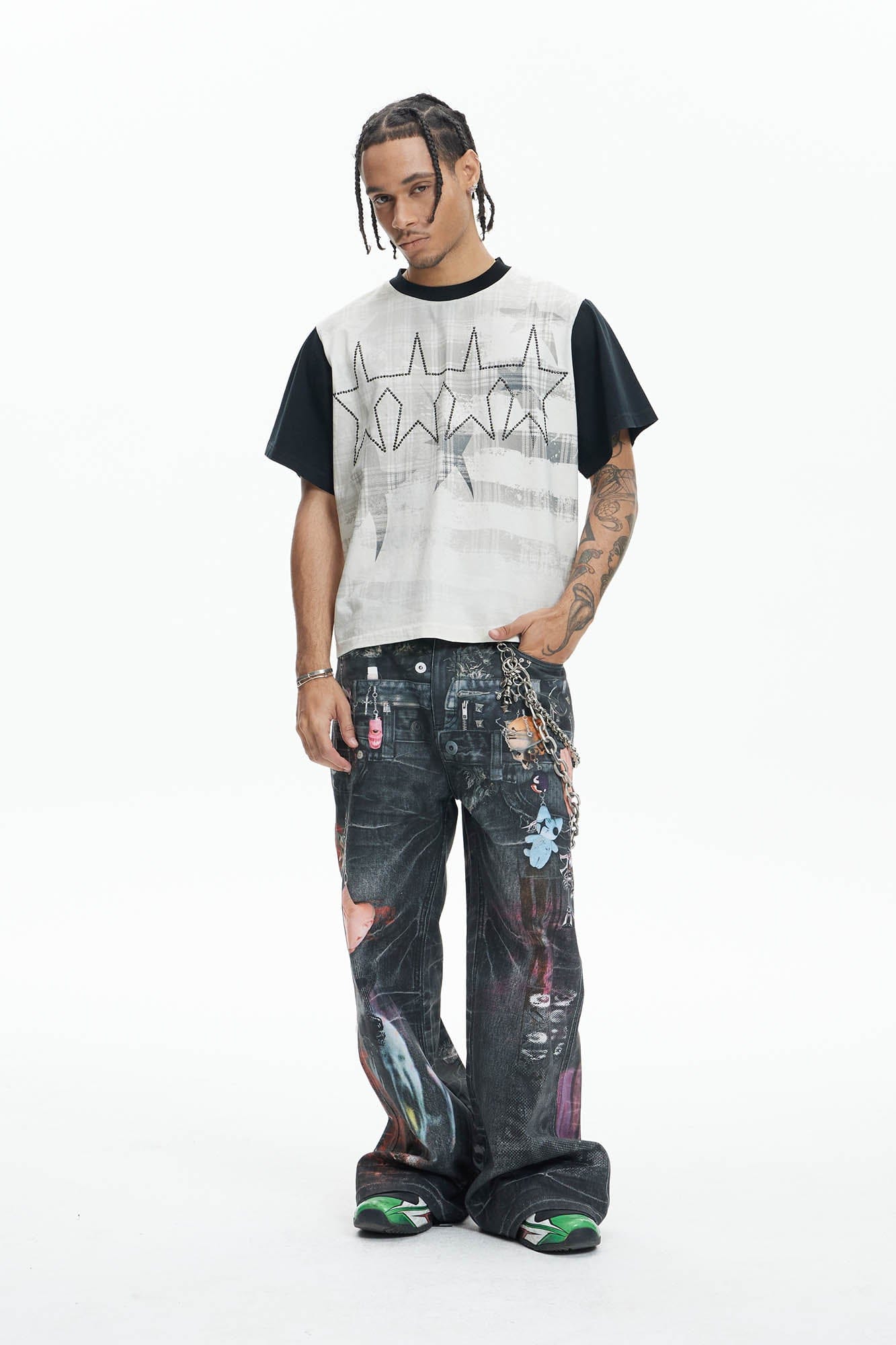 DND4DES Distressed Cyber Virus Flared Jeans, premium urban and streetwear designers apparel on PROJECTISR.com, DND4DES