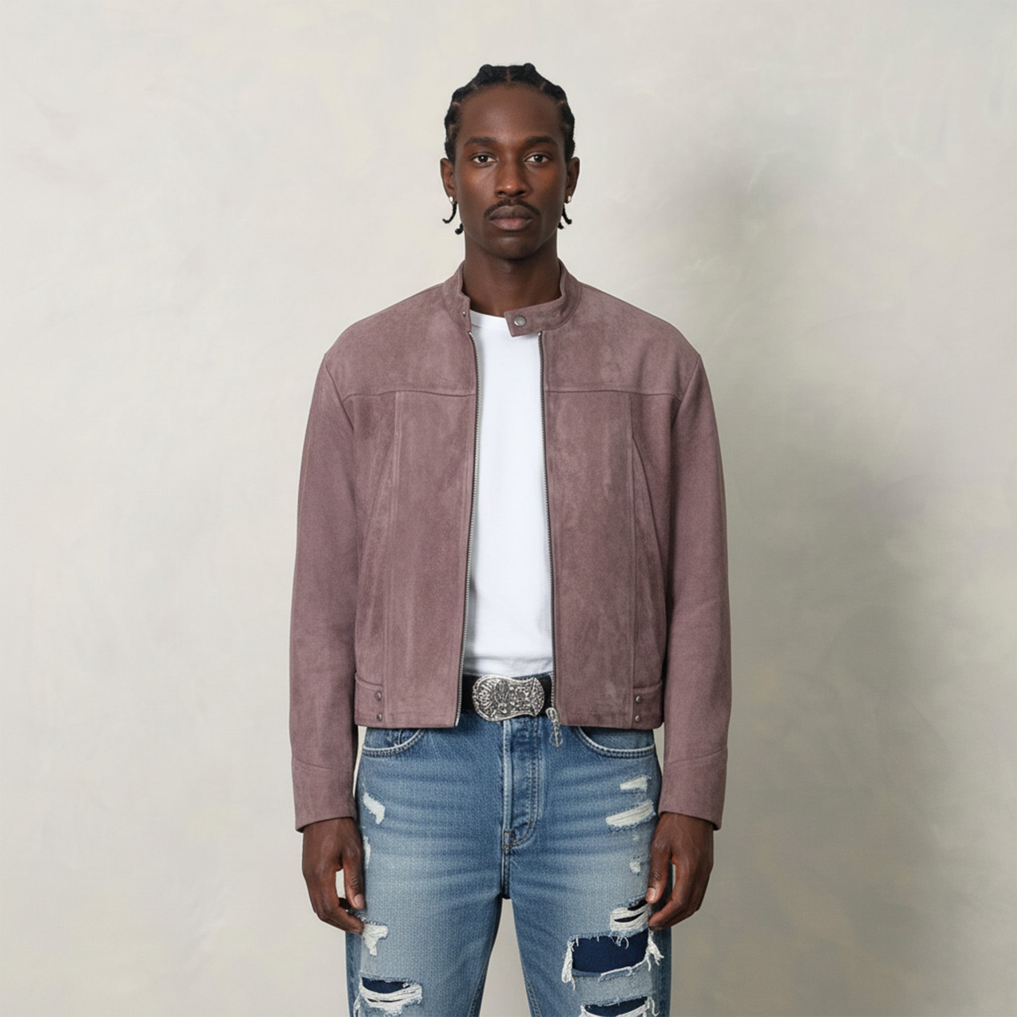 IN EXISTENCE Paneled Faux Suede Rivet Biker Jacket