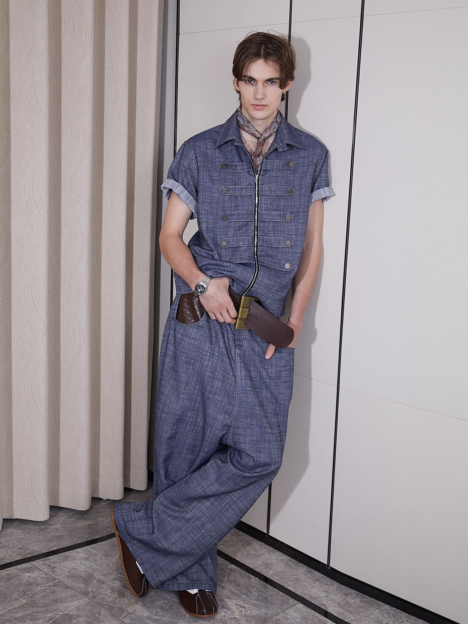 ASSEEN Linen-Blend Coin Button Denim Half Shirt