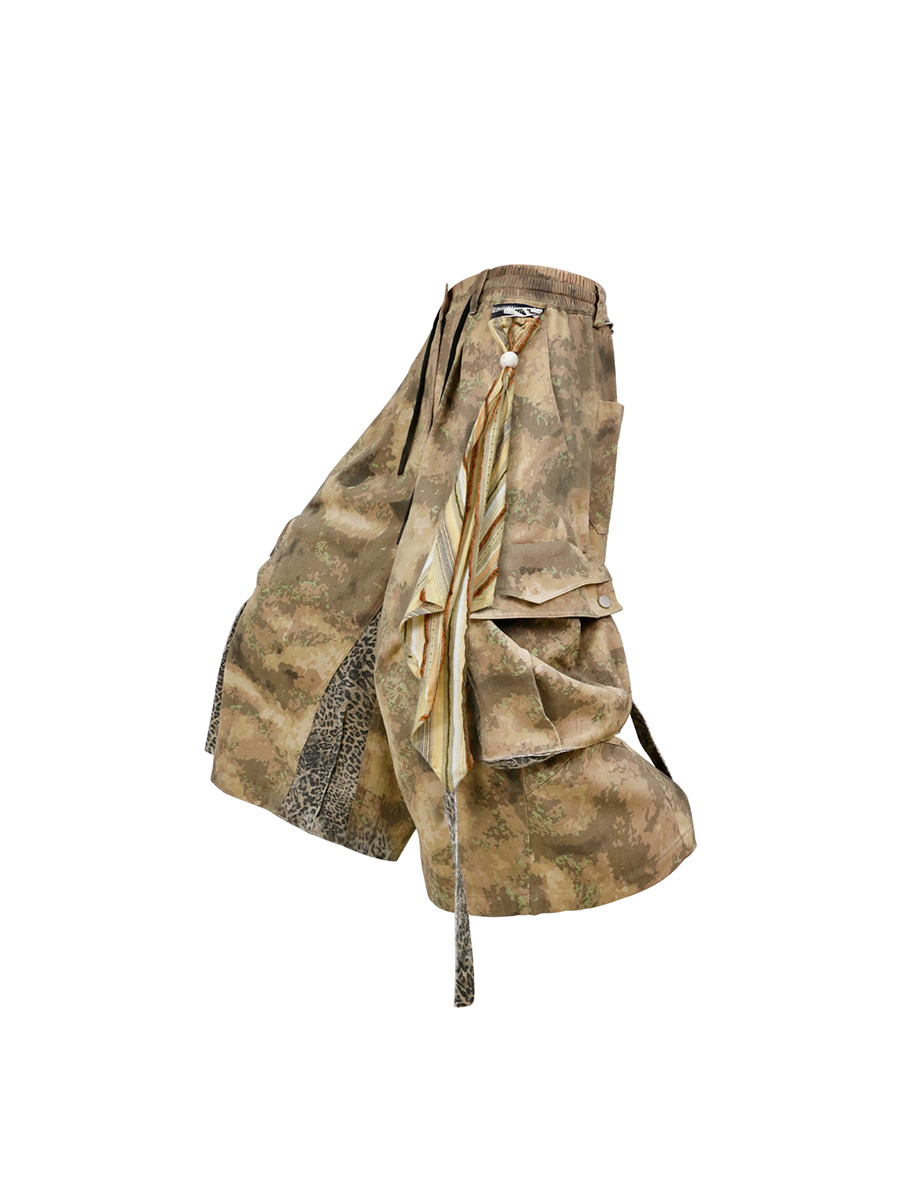 RELABEL Detachable Scarf Camo Leopard Panel Oversized Shorts, premium urban and streetwear designers apparel on PROJECTISR.com, RELABEL