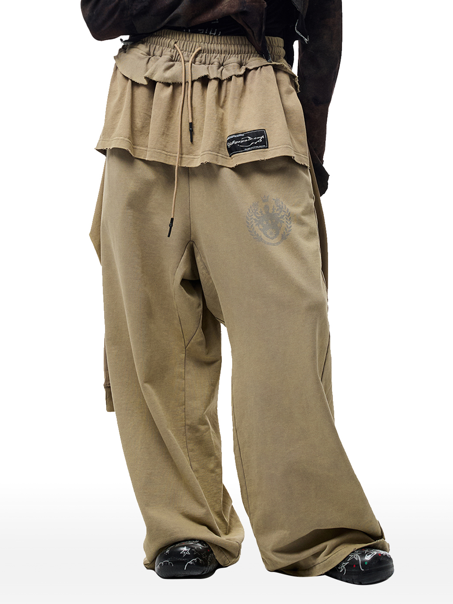 CYCYCY Layered Raw Edge Wide-Leg Sweatpants Khaki