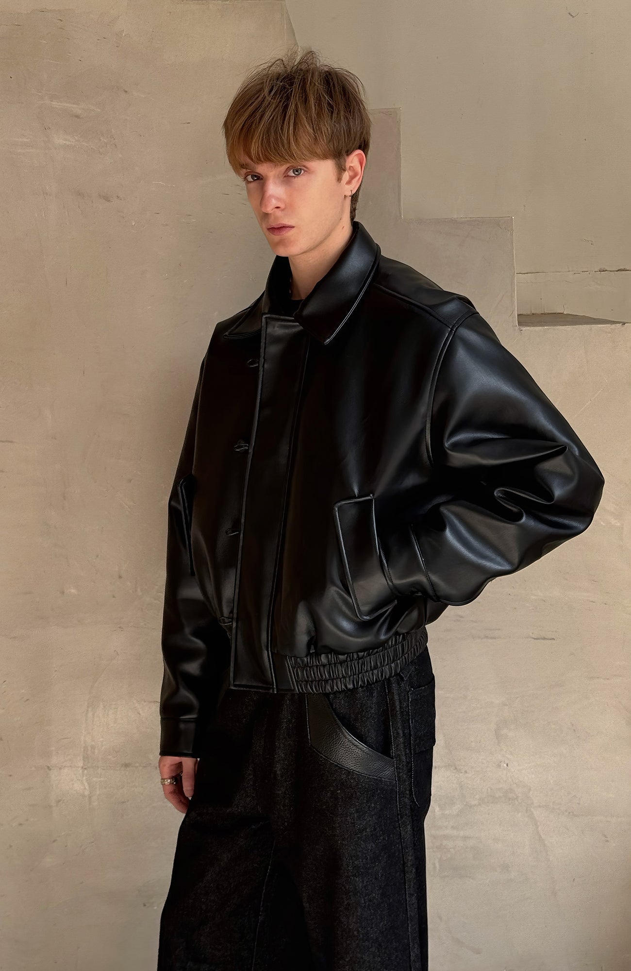 ESAIAS Retro Button-Up Faux Leather Puffer Jacket