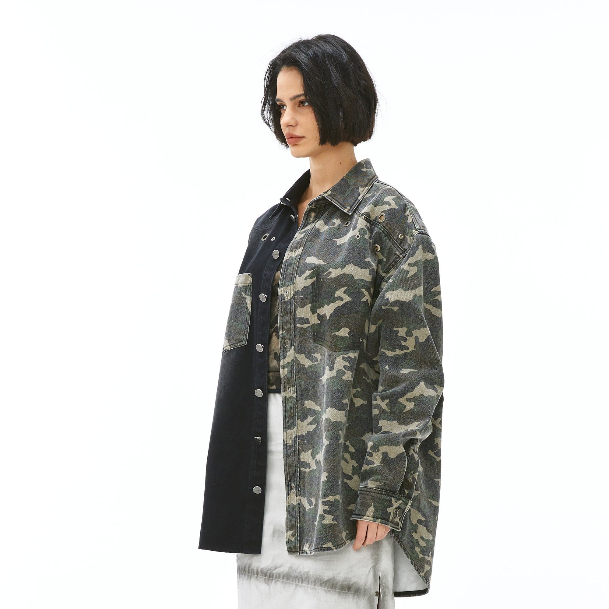 VANN VALRENCE Paneled Camo Denim Shirt