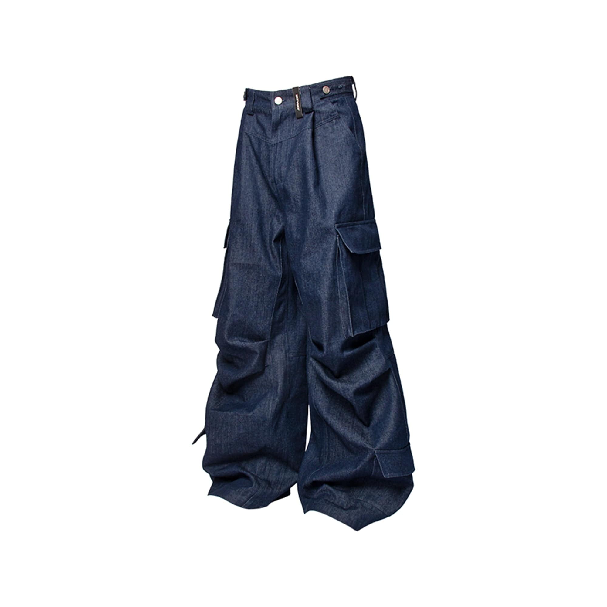 RELABEL Straped Big Pockets Rivet Washed Denim Cargo, premium urban and streetwear designers apparel on PROJECTISR.com, RELABEL