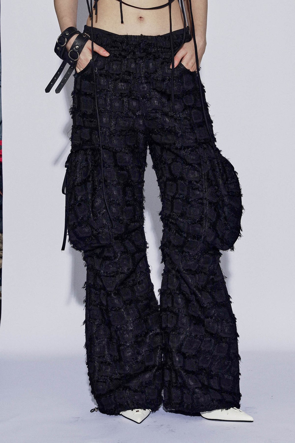 DND4DESxFaychui Fuzzy Grid Multi-Pocket Low-Rise Pants, premium urban and streetwear designers apparel on PROJECTISR.com, DND4DES