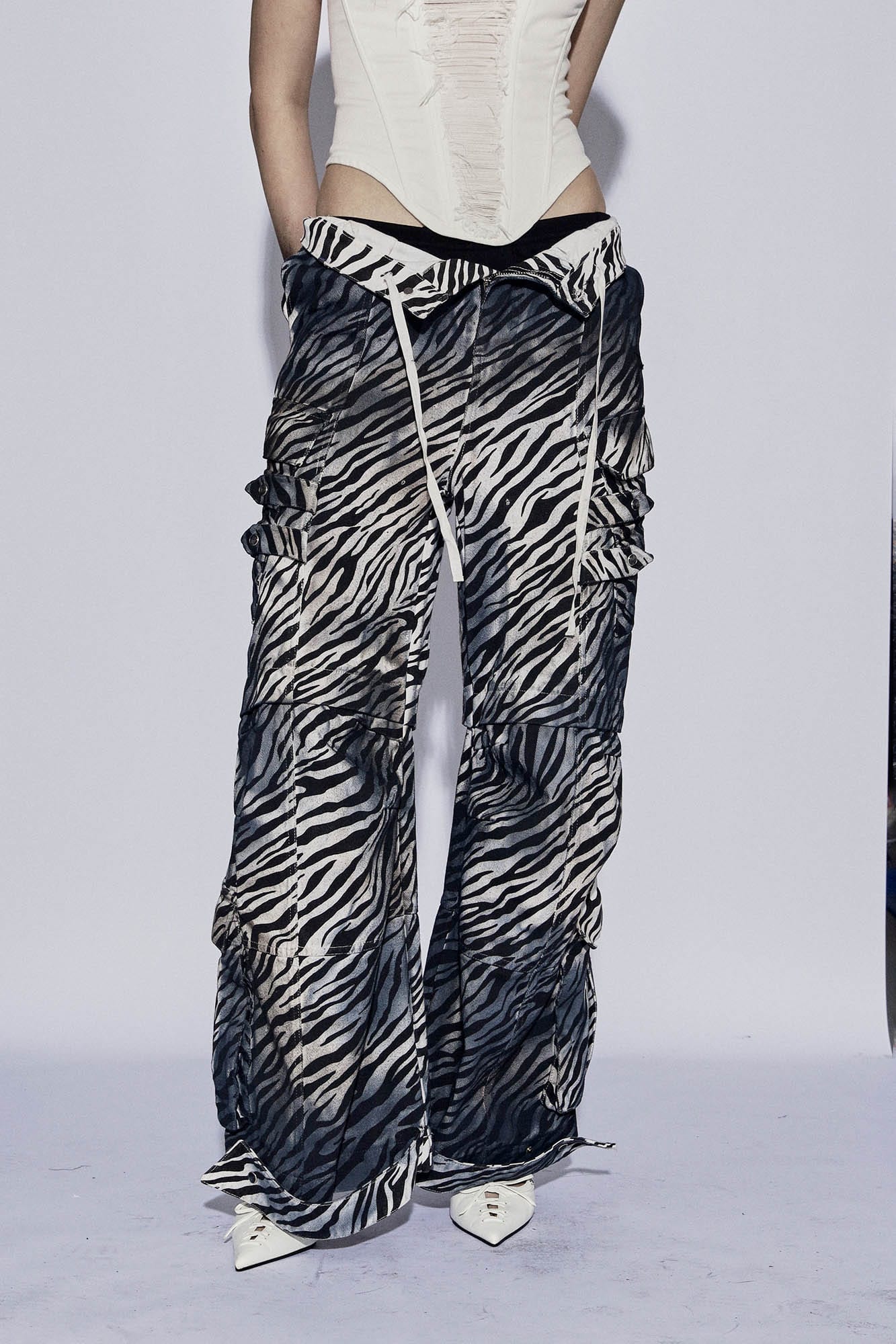DND4DESxFaychui Zebra Drawstring Pleated Wide-Leg Pants, premium urban and streetwear designers apparel on PROJECTISR.com, DND4DES