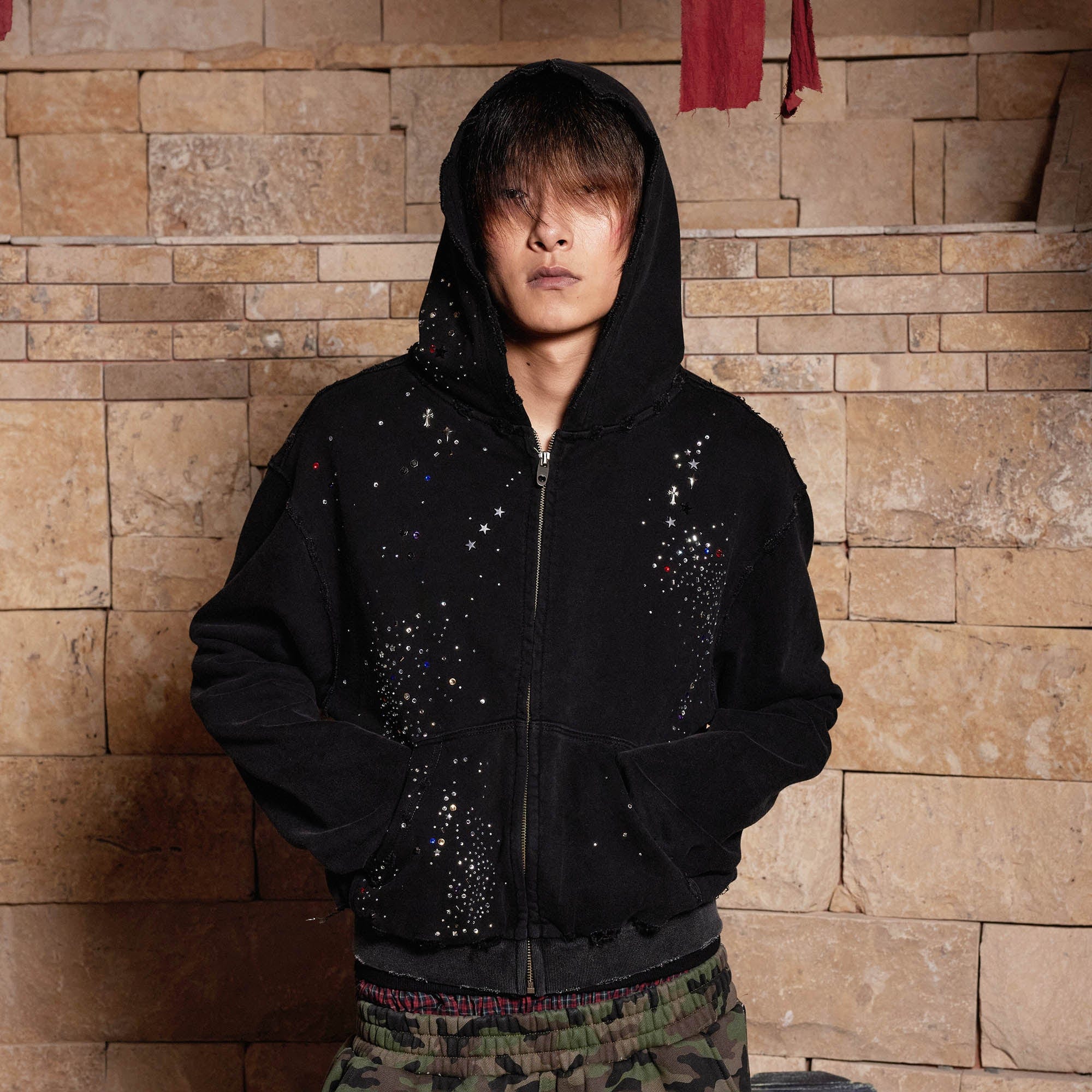 DND4DES Sparkle Diamond Distressed Zip-Up Hoodie, premium urban and streetwear designers apparel on PROJECTISR.com, DND4DES
