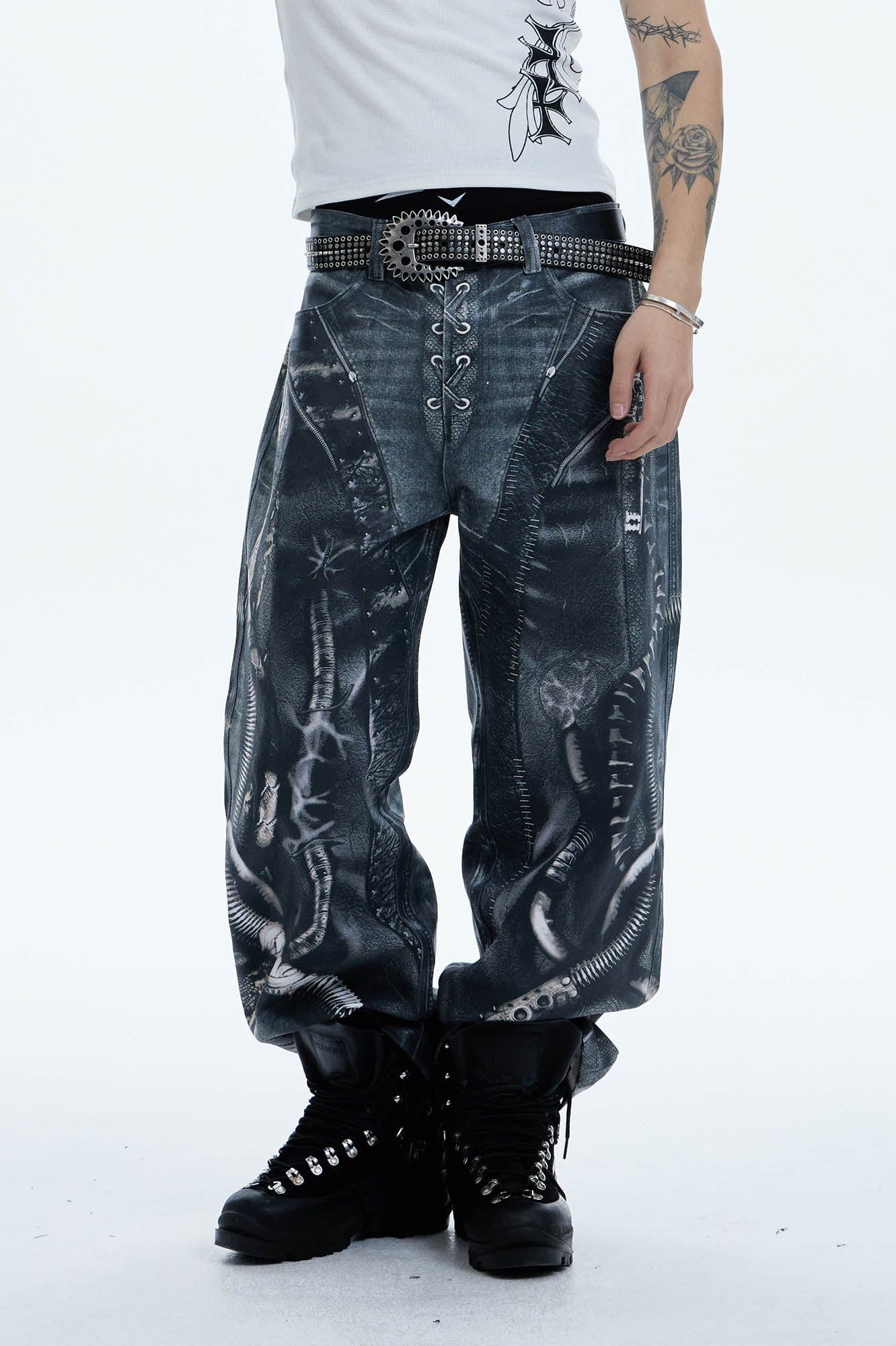 DND4DES Industrial Pipe Lace-Up Graphic Baggy Jeans, premium urban and streetwear designers apparel on PROJECTISR.com, DND4DES