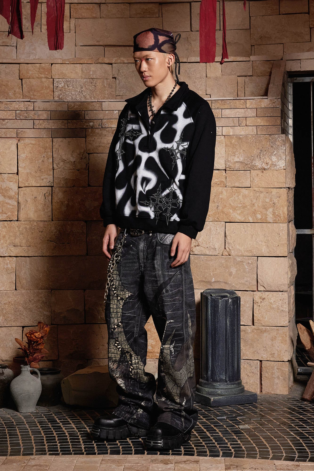 DND4DES Cross Crocodile Spliced Flared Jeans, premium urban and streetwear designers apparel on PROJECTISR.com, DND4DES