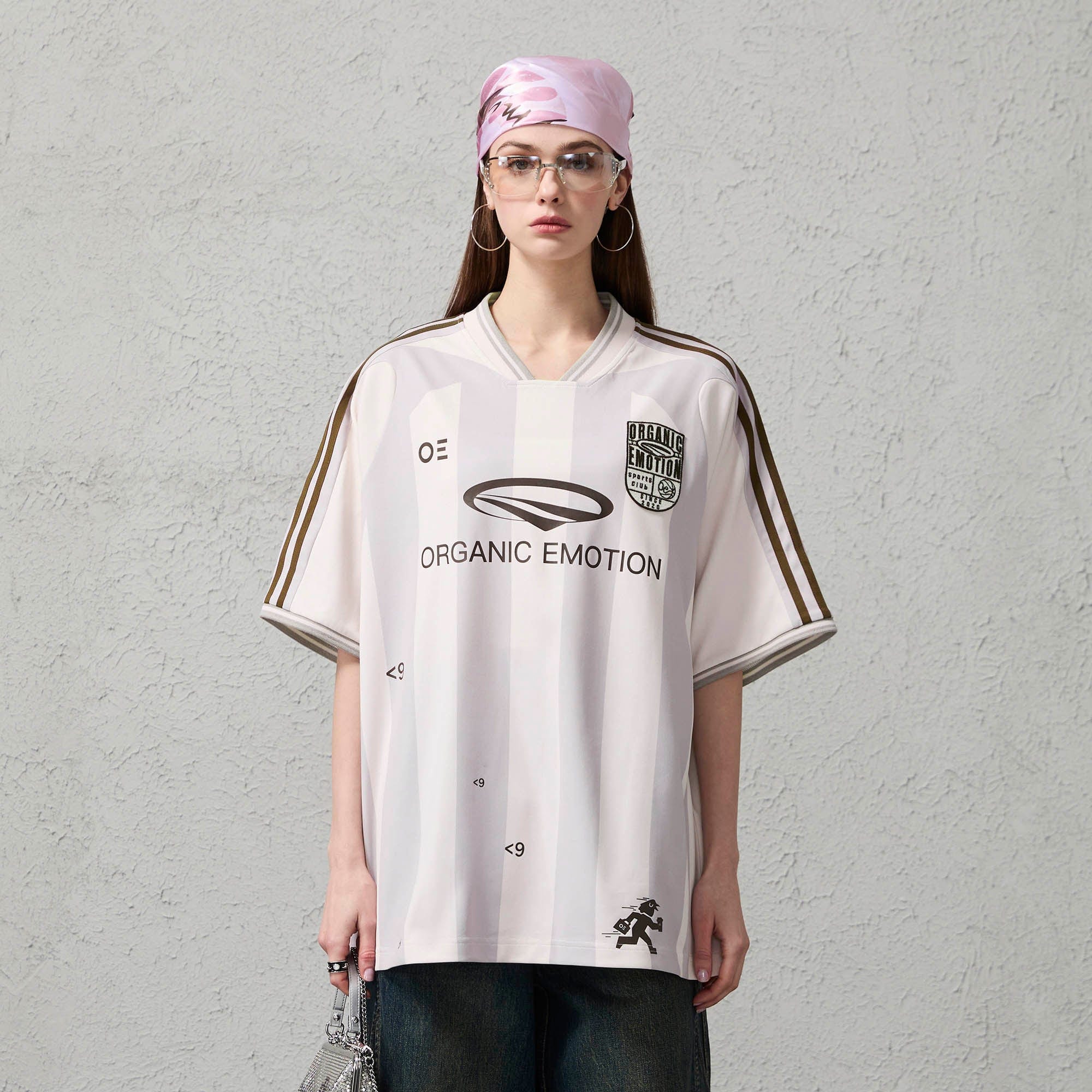 ORGANIC EMOTION Striped Badge Graphics Soccer Jersey, premium urban and streetwear designers apparel on PROJECTISR.com, ORGANIC EMOTION