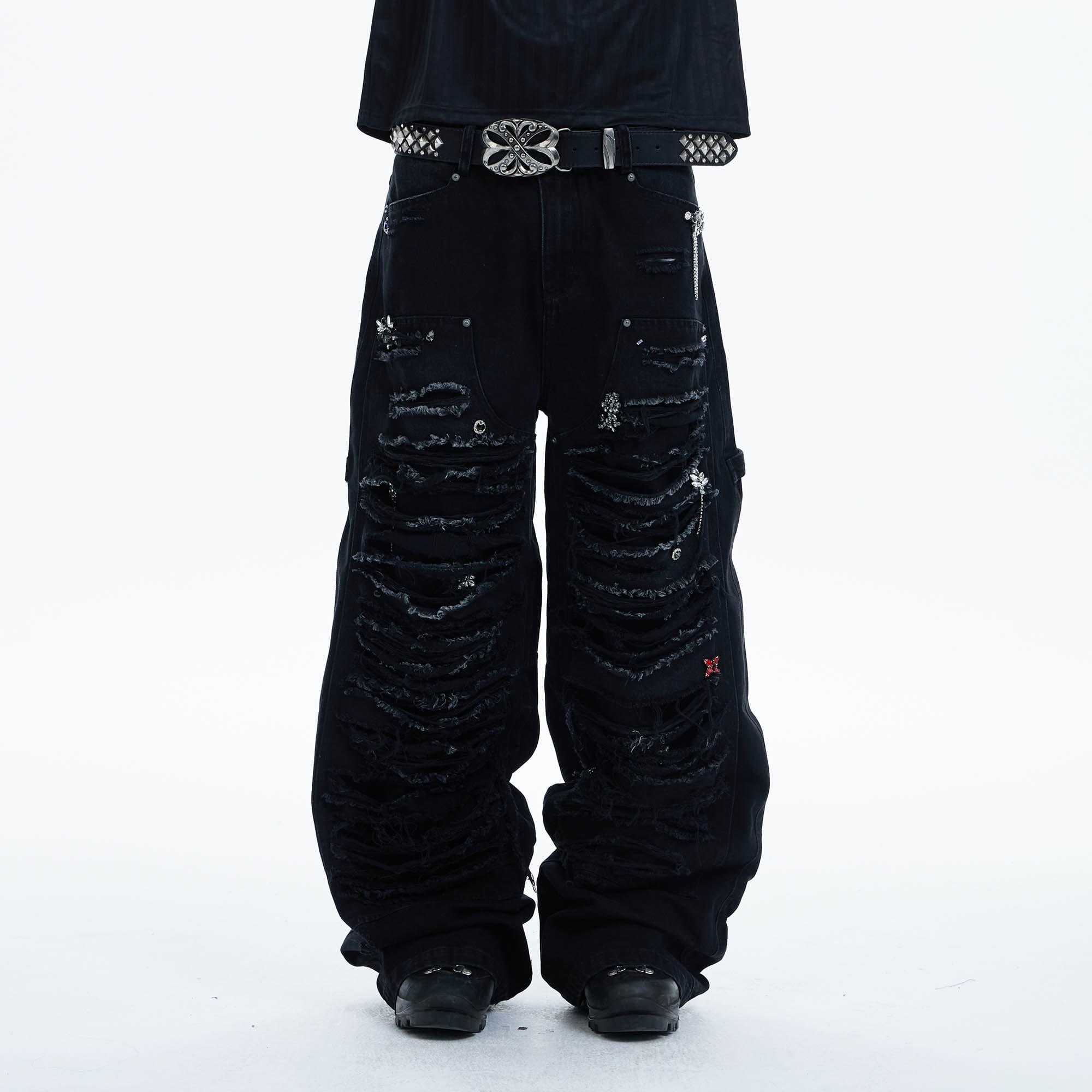 DND4DES Shredded Rivet-Paneled Baggy Jeans, premium urban and streetwear designers apparel on PROJECTISR.com, DND4DES