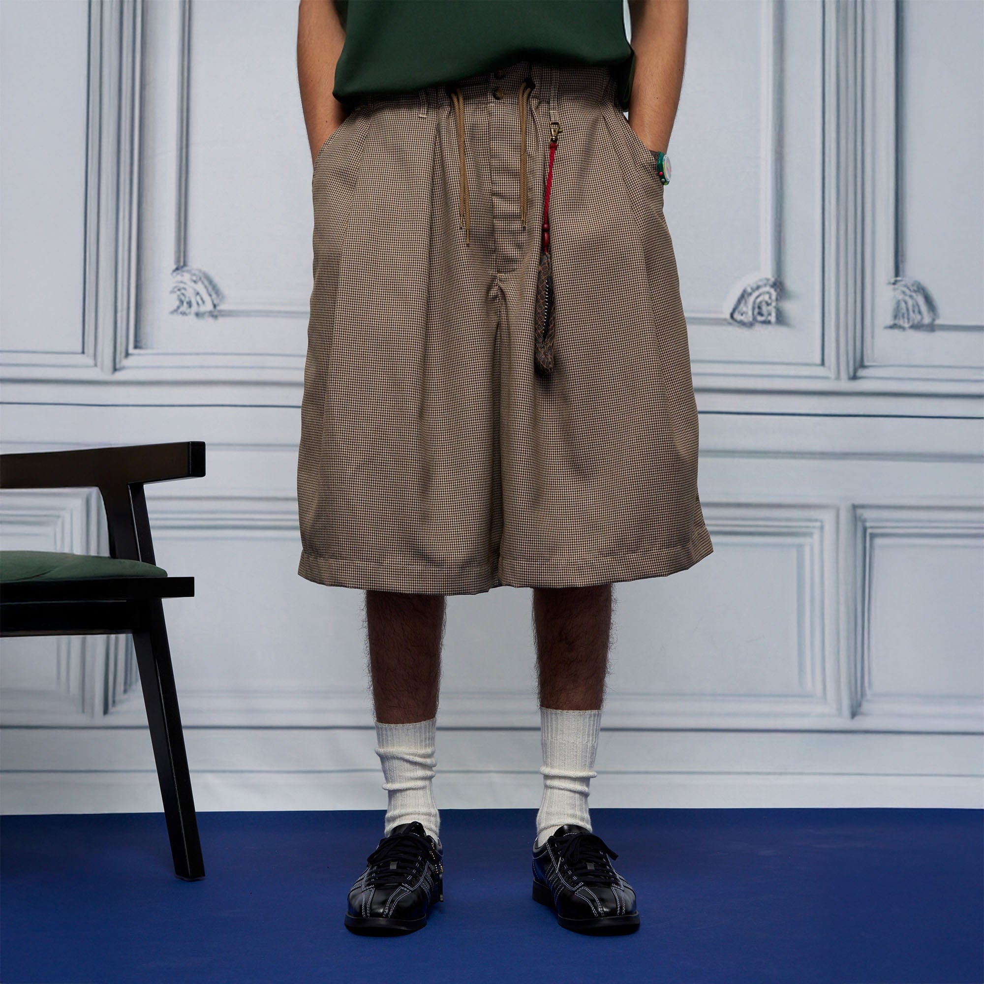 UNLIMITED MOTE Pleated Wide-Leg Drawstring Shorts Houndstooth, premium urban and streetwear designers apparel on PROJECTISR.com, UNLIMITED MOTE