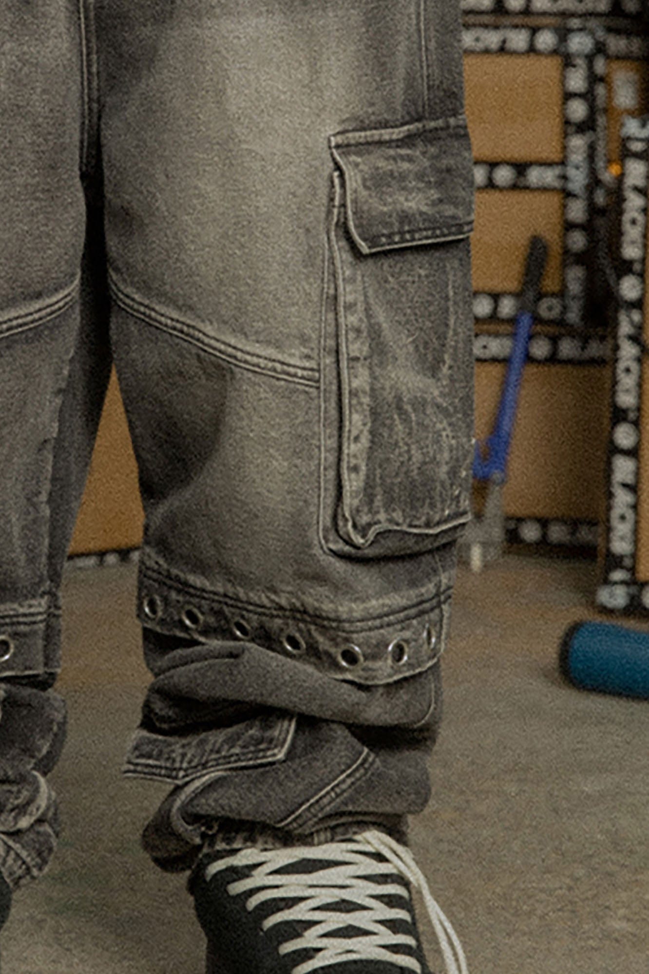 BLACK8MOB Washed Multi-Pocket Grommet Stacked Cargo Jeans, premium urban and streetwear designers apparel on PROJECTISR.com, BLACK8MOB