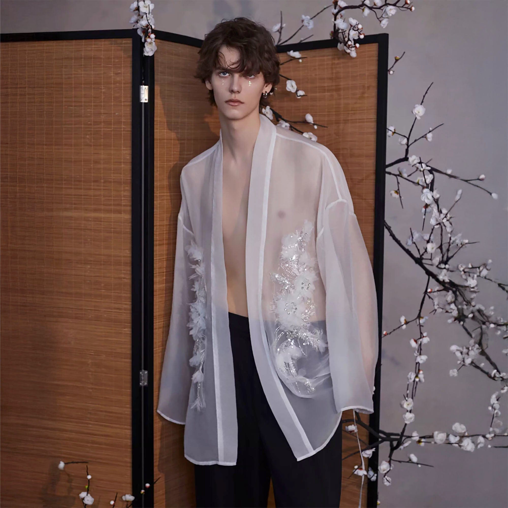 JIECHI Feathered Sequin Sheer Kimono Jacket, premium urban and streetwear designers apparel on PROJECTISR.com, JIECHI