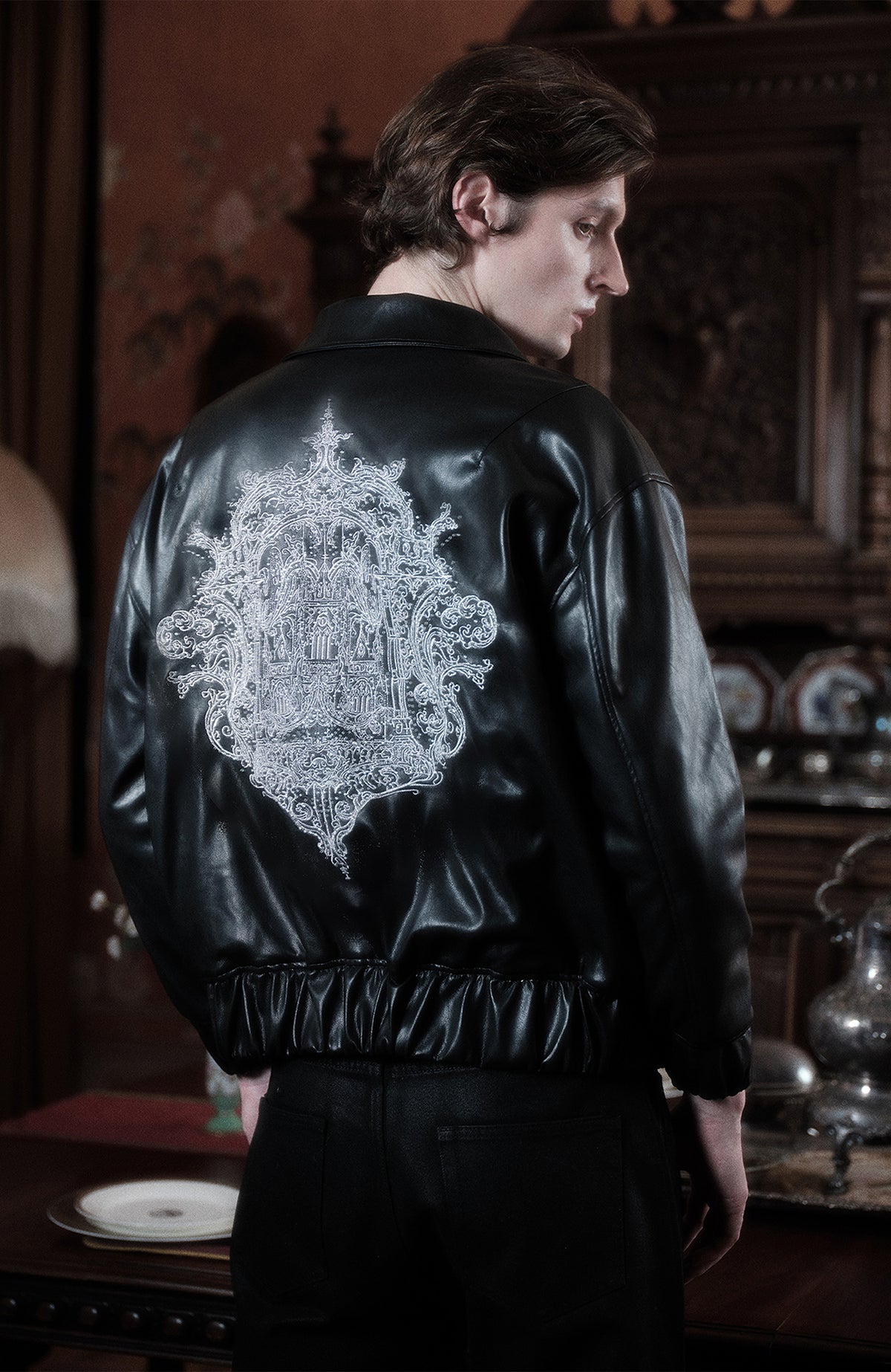 WANNA LAB Studded Embroidered Collar Faux Leather Jacket