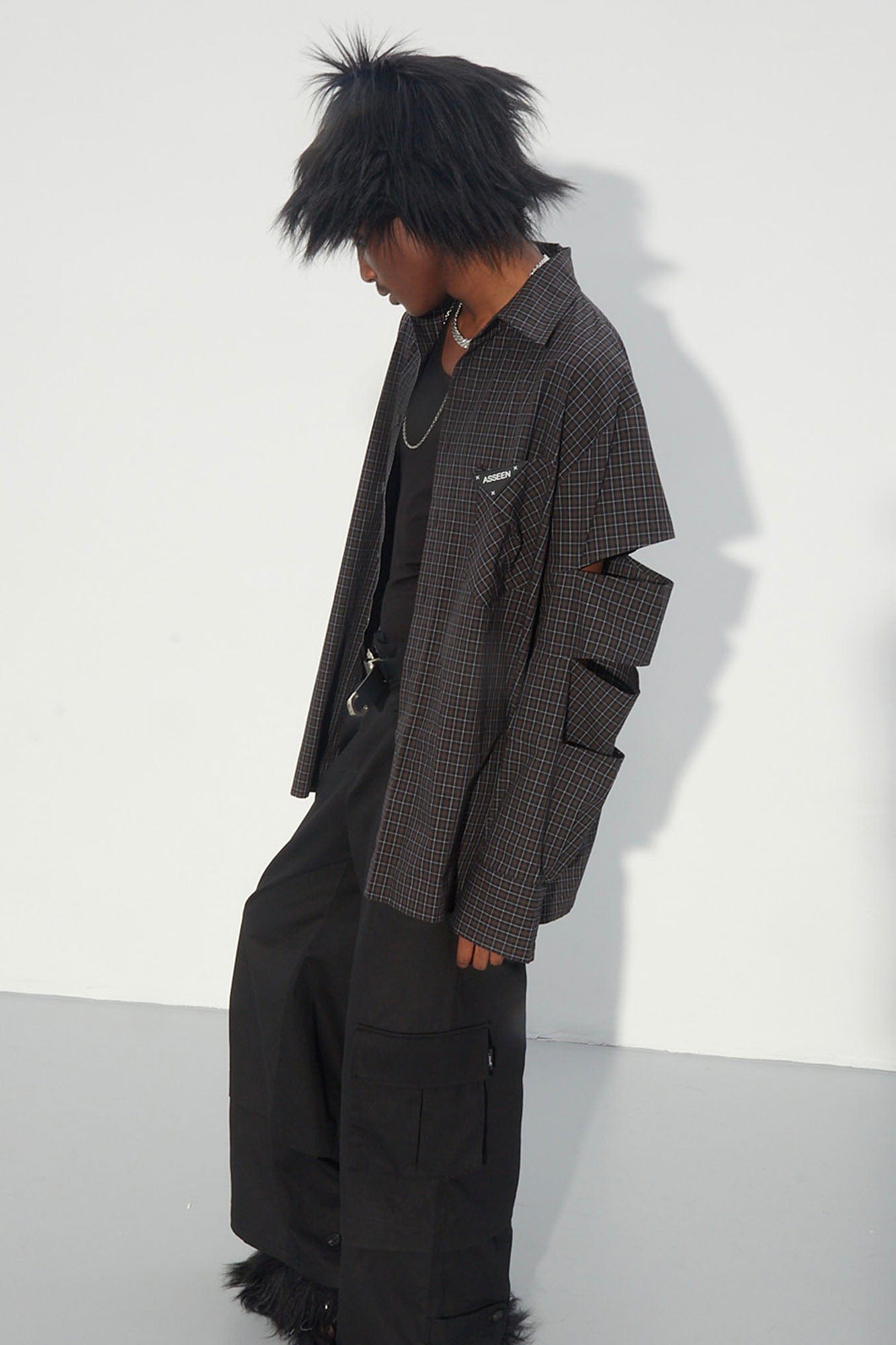 ASSEEN Deconstructed Cutout-Sleeve Mini Check Shirt, premium urban and streetwear designers apparel on PROJECTISR.com, ASSEEN