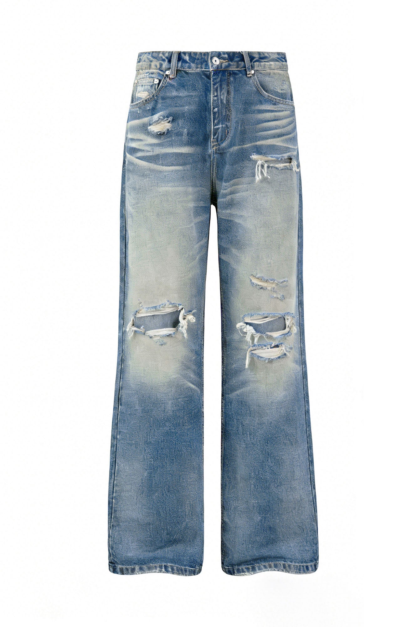 KREATE Double-Layer Distressed Straight-Leg Jeans, premium urban and streetwear designers apparel on PROJECTISR.com, KREATE