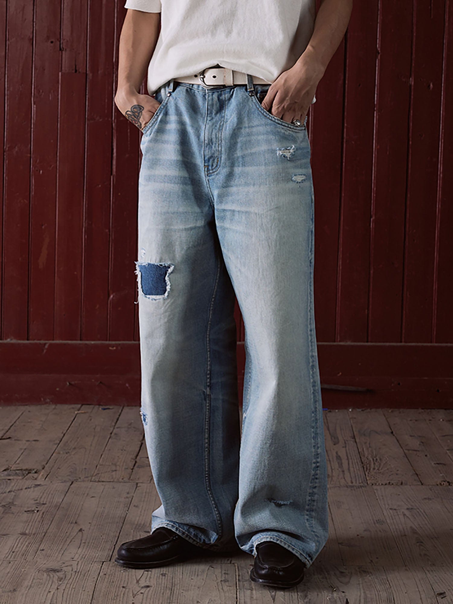 IN EXISTENCE Distressed Patchwork Creased Washed Wide-Leg Jeans, premium urban and streetwear designers apparel on PROJECTISR.com, IN EXISTENCE