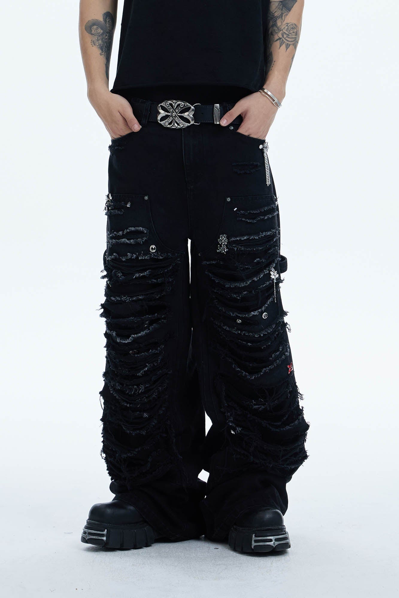 DND4DES Shredded Rivet-Paneled Baggy Jeans, premium urban and streetwear designers apparel on PROJECTISR.com, DND4DES