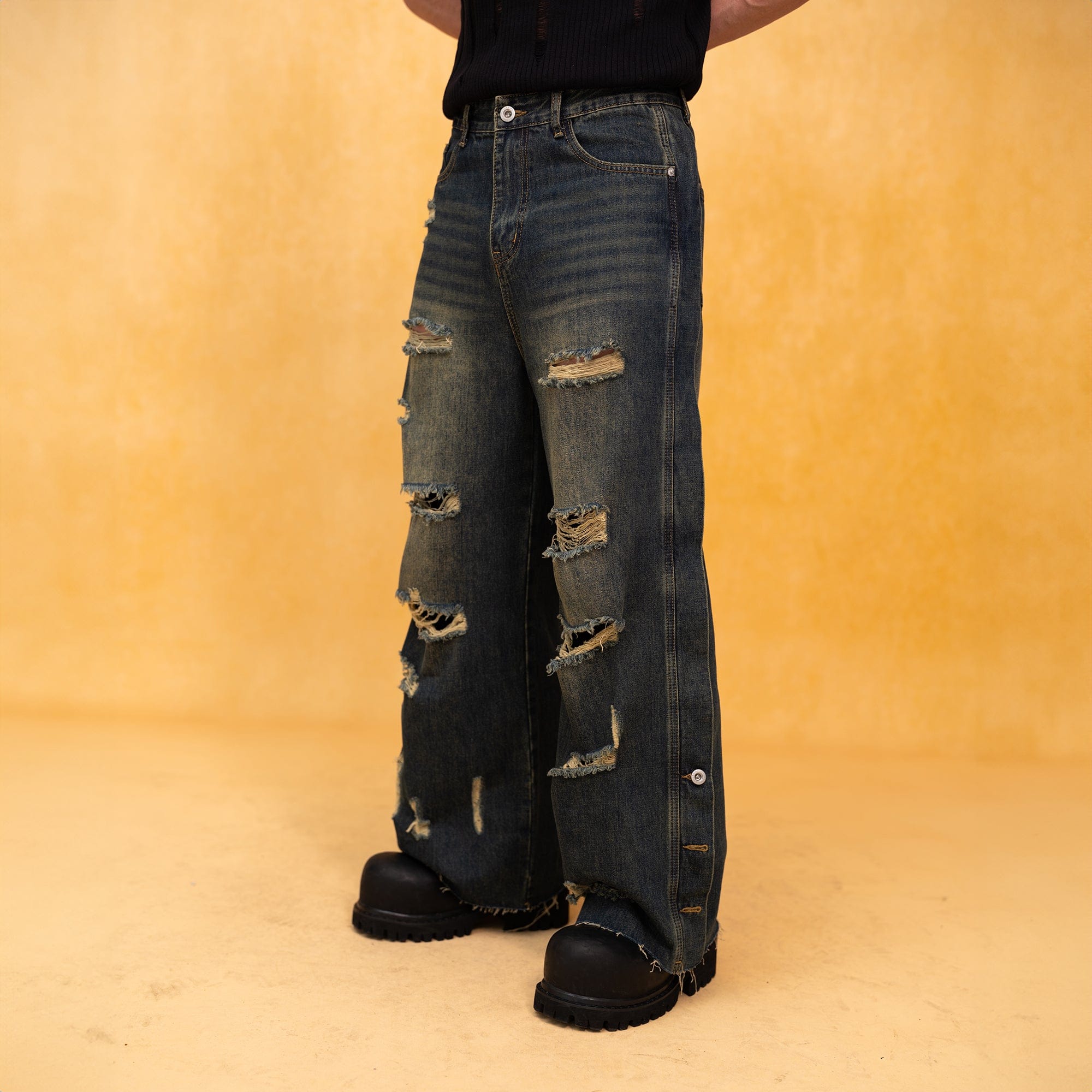 CLP Distressed Buttoned Wide-Leg Jeans, premium urban and streetwear designers apparel on PROJECTISR.com, CLP