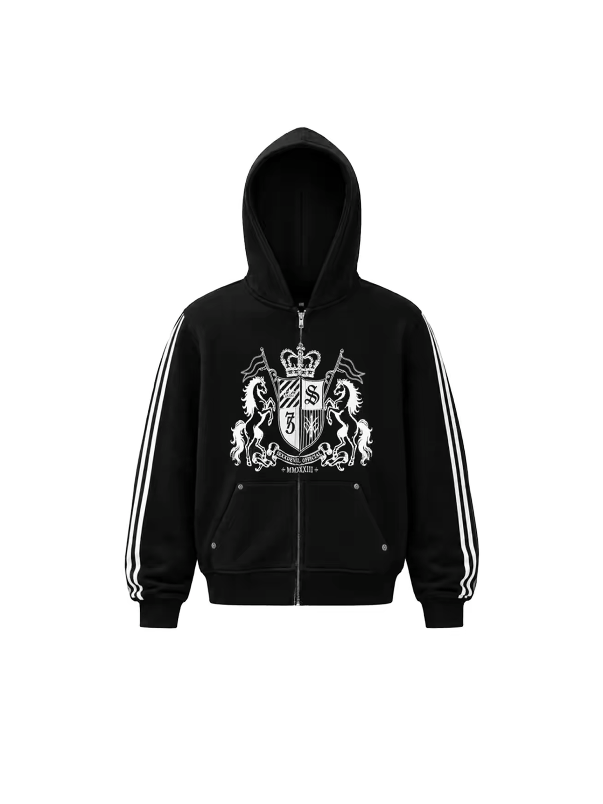 SEXXDEVIL Striped Embroidered Zip-Up Hoodie