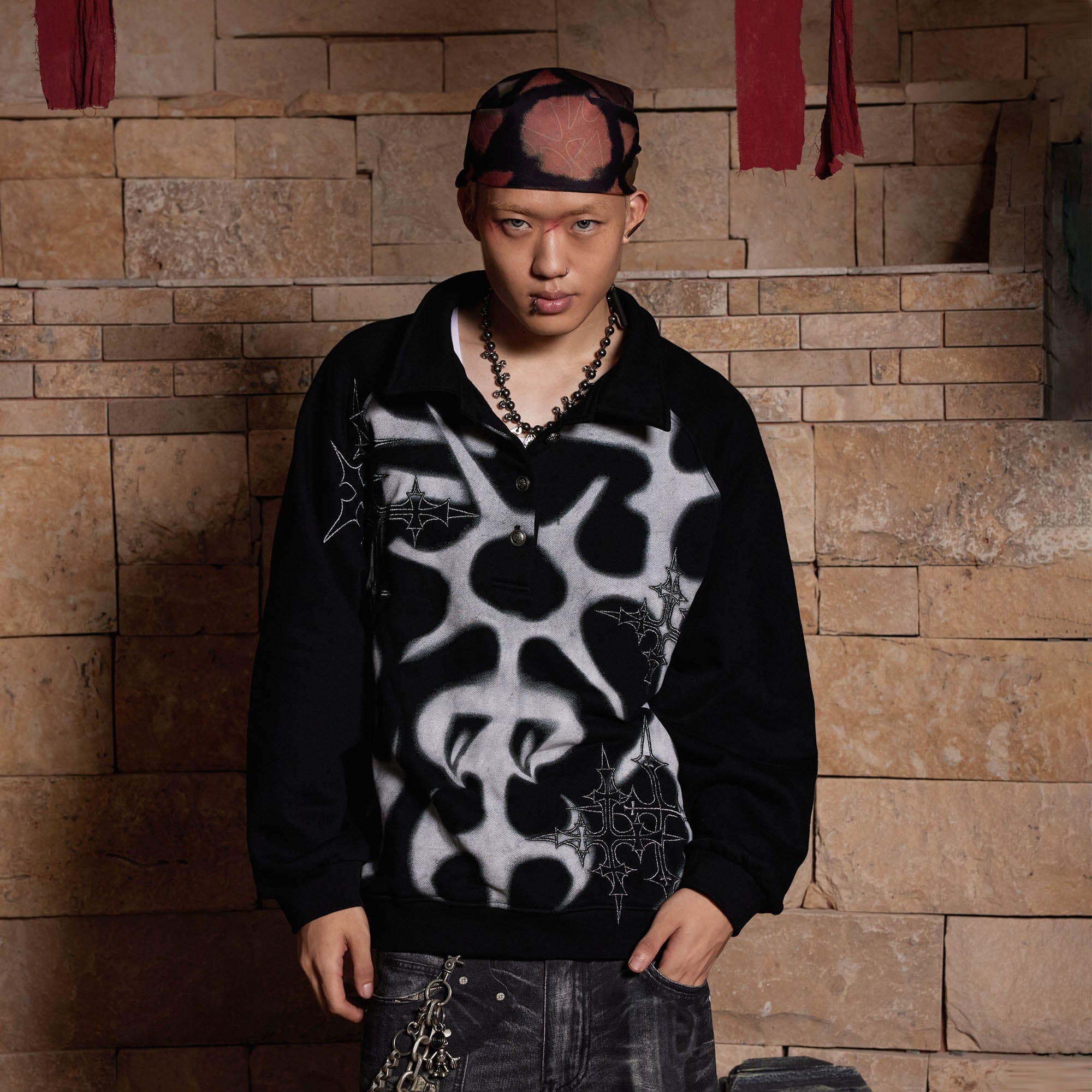 DND4DES Cross Spray-Paint Embroidered Polo Sweatshirt, premium urban and streetwear designers apparel on PROJECTISR.com, DND4DES