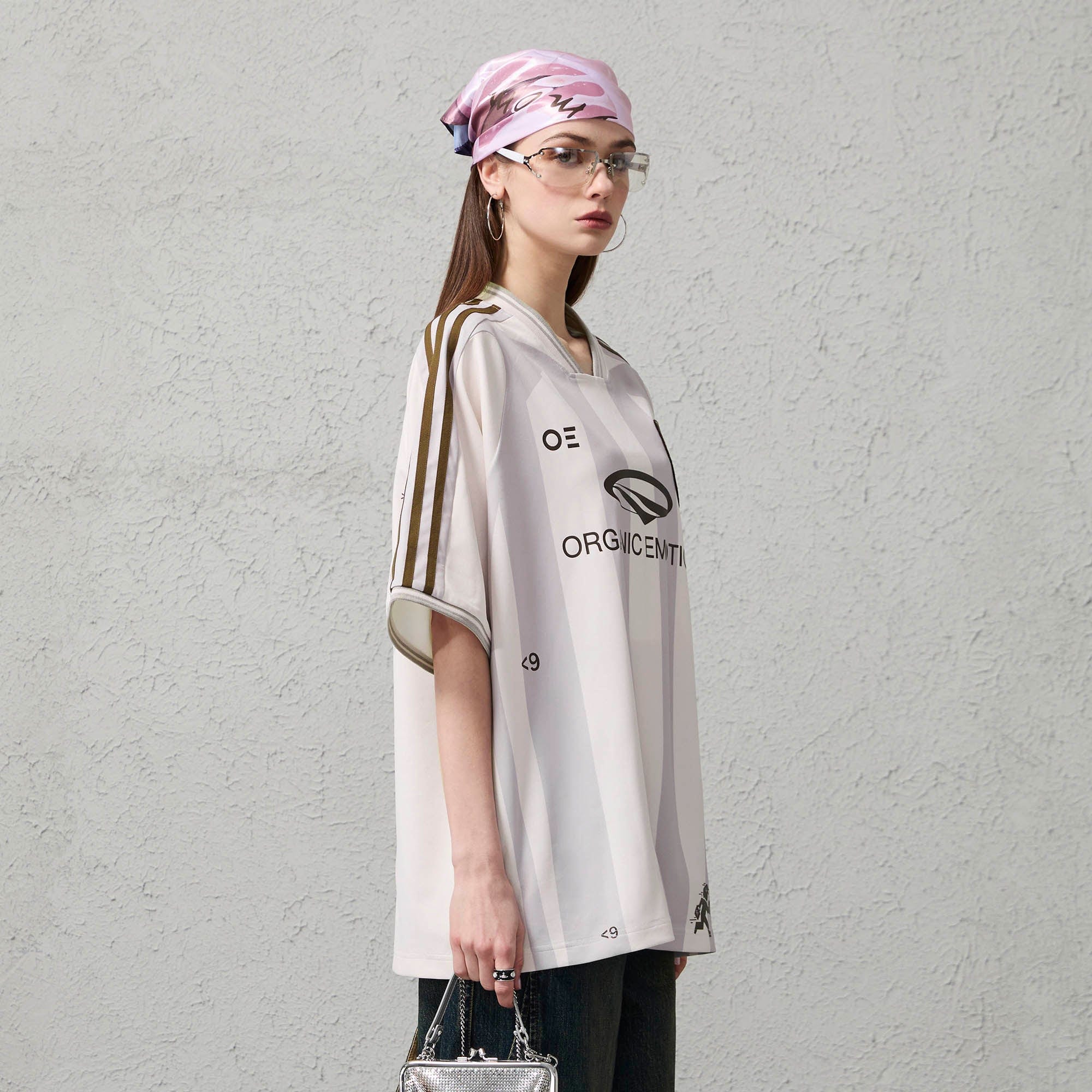 ORGANIC EMOTION Striped Badge Graphics Soccer Jersey, premium urban and streetwear designers apparel on PROJECTISR.com, ORGANIC EMOTION