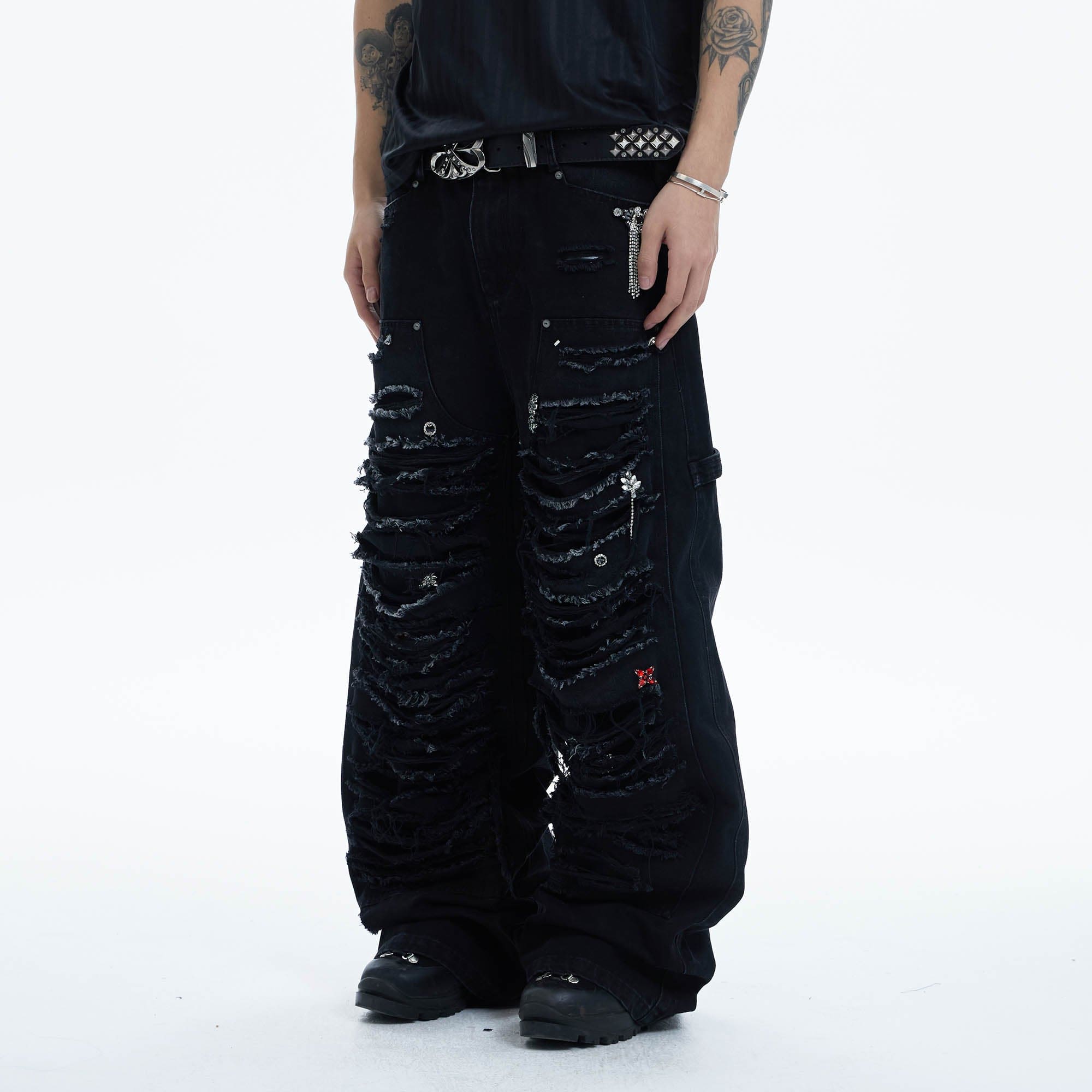 DND4DES Shredded Rivet-Paneled Baggy Jeans, premium urban and streetwear designers apparel on PROJECTISR.com, DND4DES