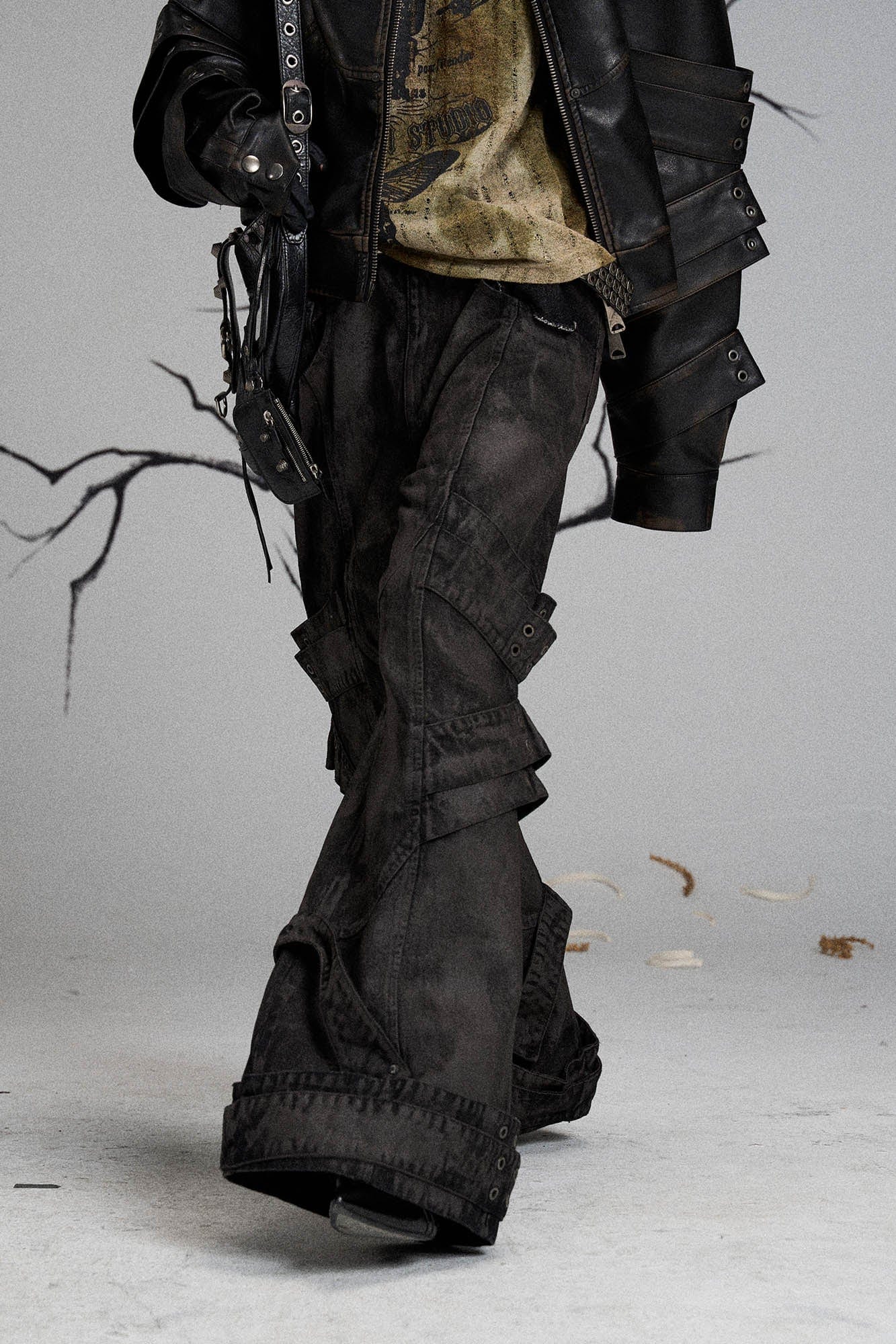 FLYERRER Mutation Layered Strap Distressed Wide-Leg Pants, premium urban and streetwear designers apparel on PROJECTISR.com, FLYERRER