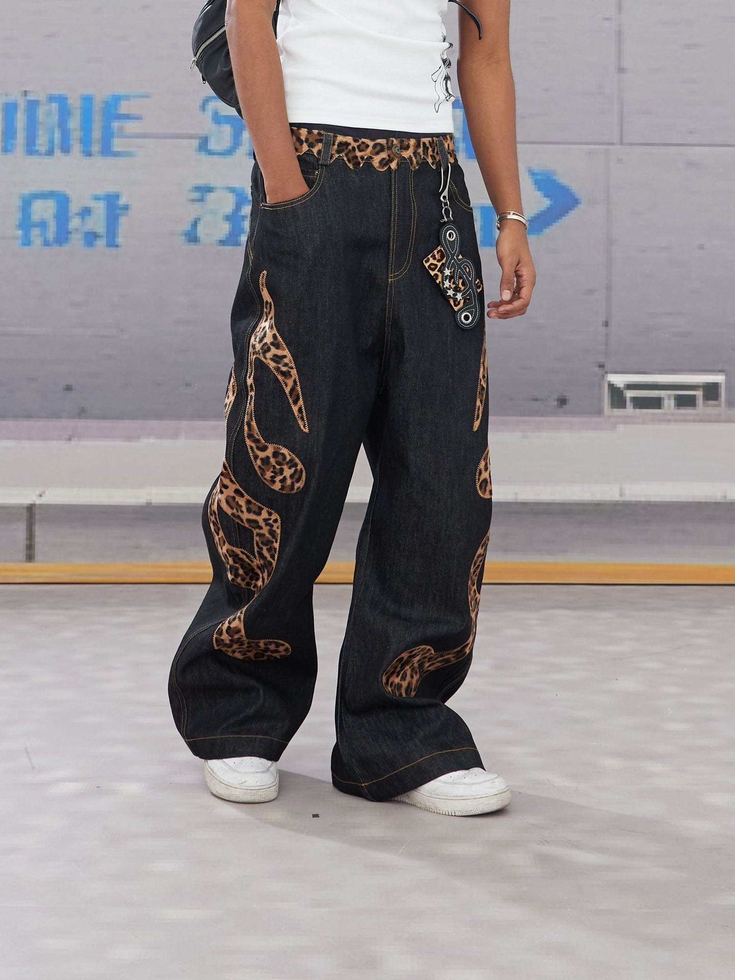 DND4DES Leopard Music Note Patch Baggy Jeans, premium urban and streetwear designers apparel on PROJECTISR.com, DND4DES