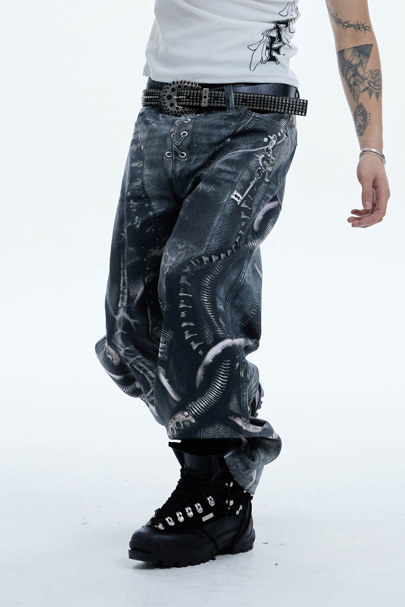 DND4DES Industrial Pipe Lace-Up Graphic Baggy Jeans, premium urban and streetwear designers apparel on PROJECTISR.com, DND4DES
