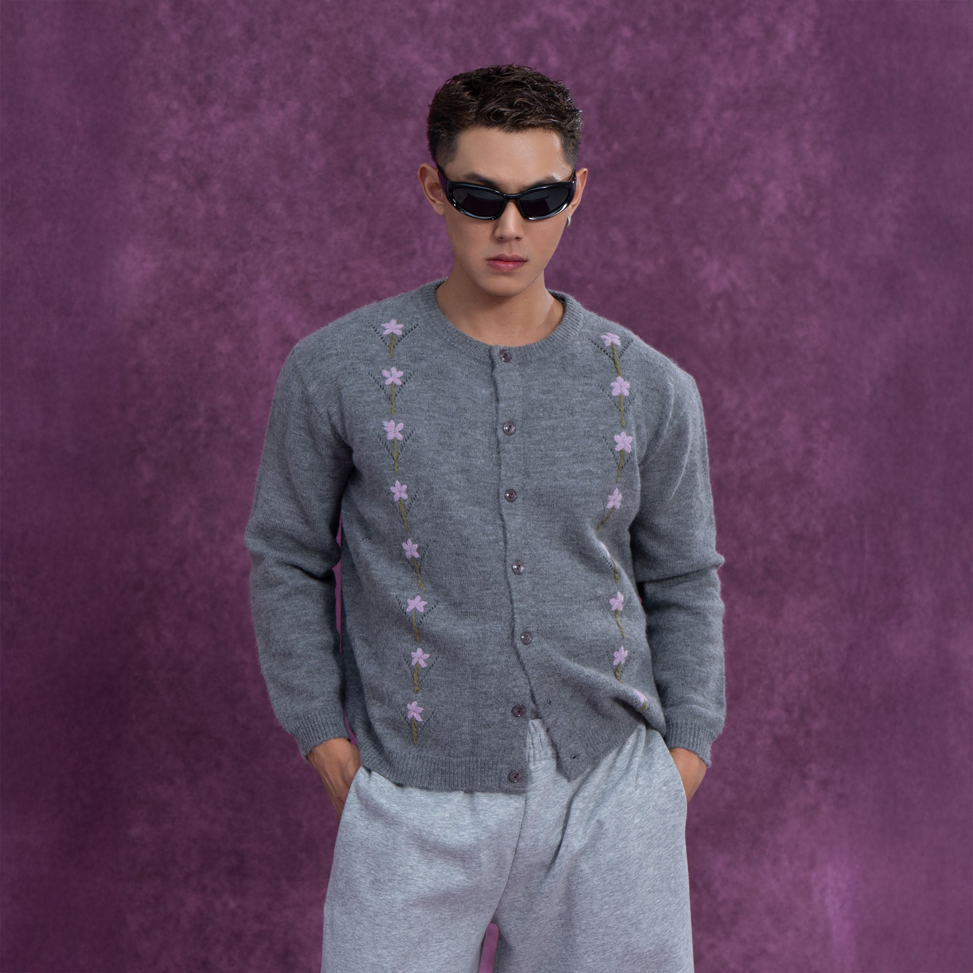 CLP Embroidered Floral Line Wool-Blend Cardigan