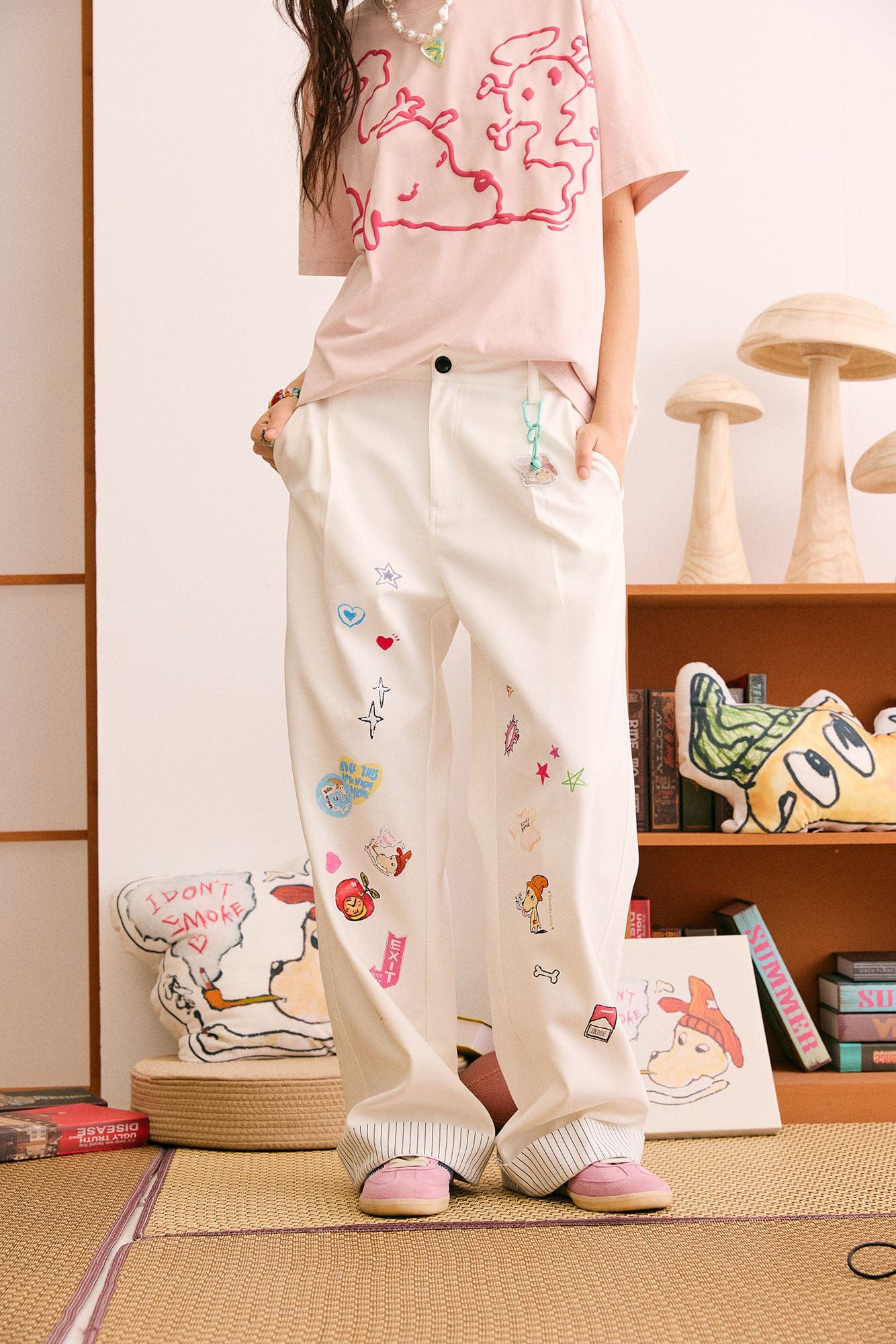DONSMOKE Puppy Sticker Fold Striped Hem Trousers, premium urban and streetwear designers apparel on PROJECTISR.com, DONSMOKE
