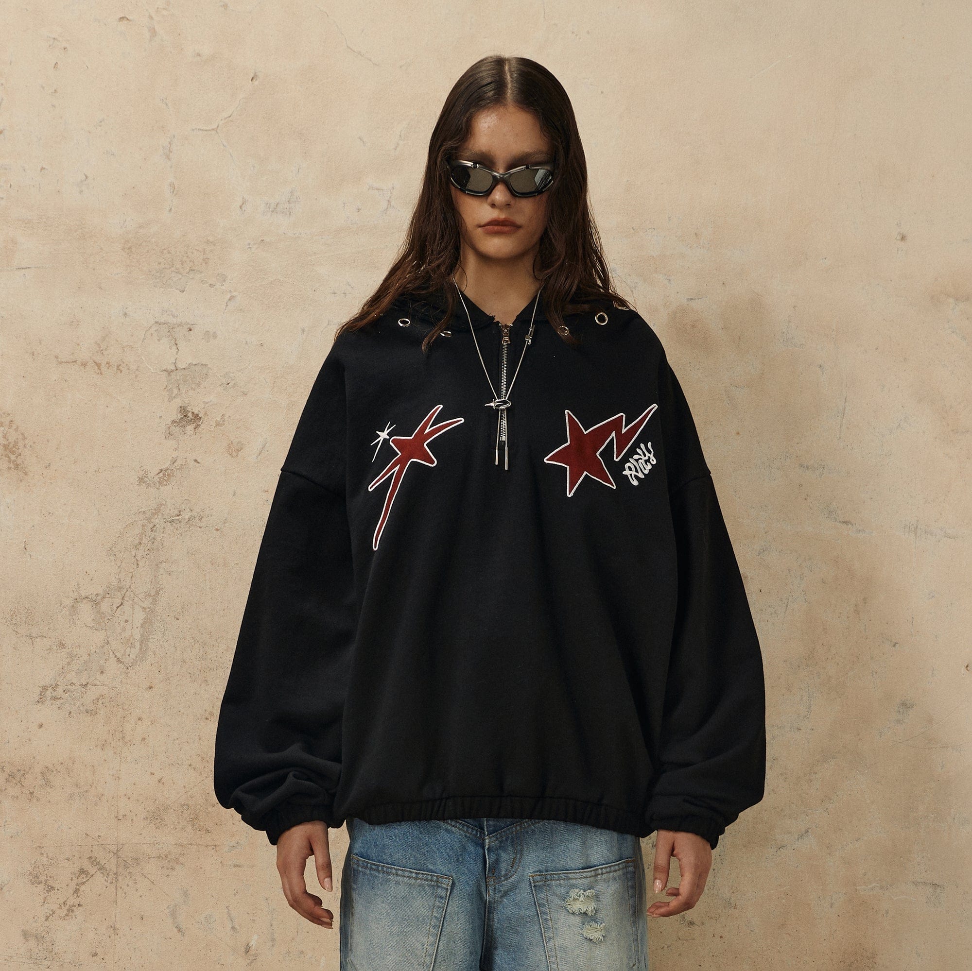 OVDY Star Embroidery Punk Zip-Up Hoodie