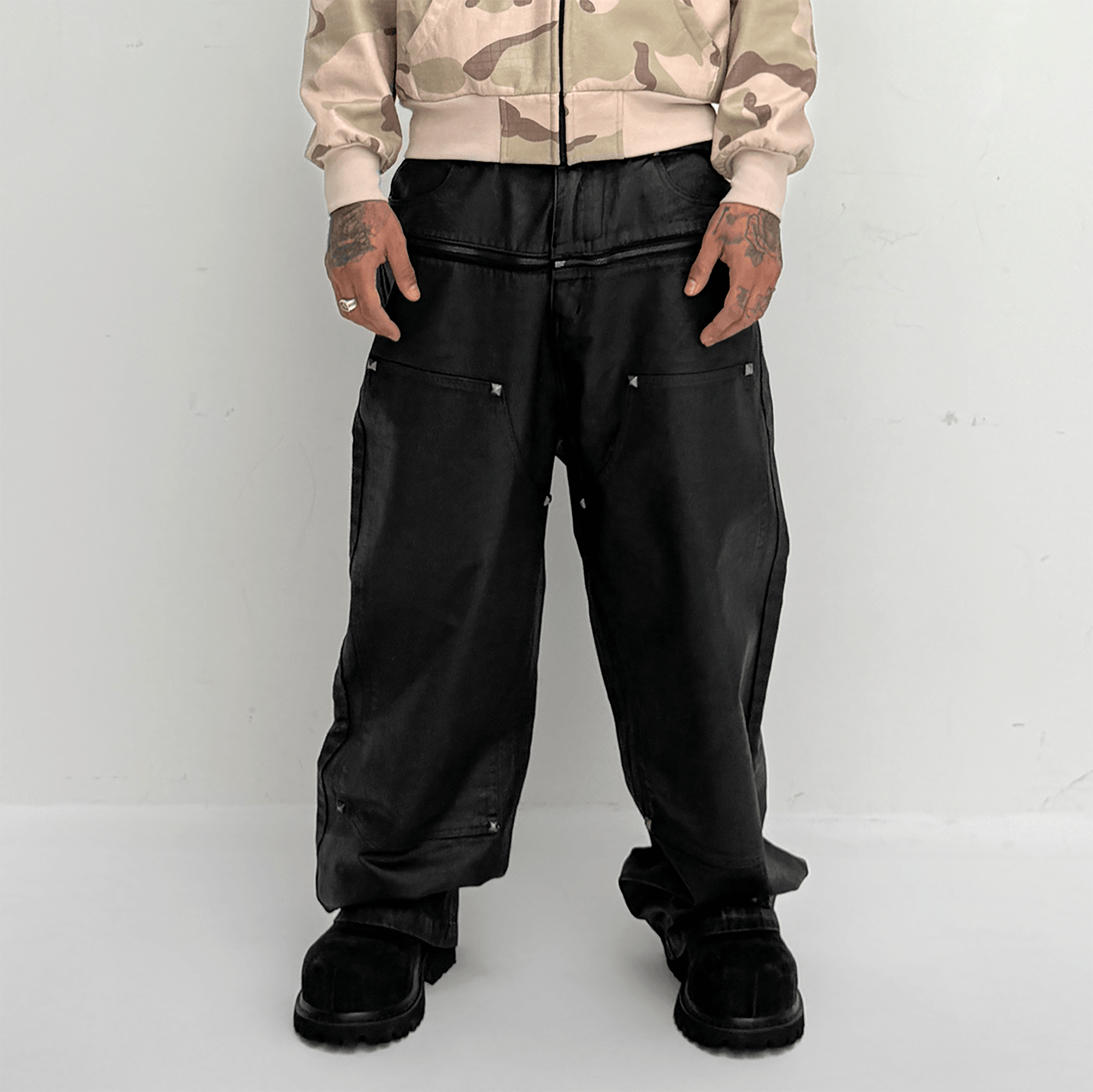 TECNINEGROUP Waxed Double-Knee Diamond Pockets Jeans