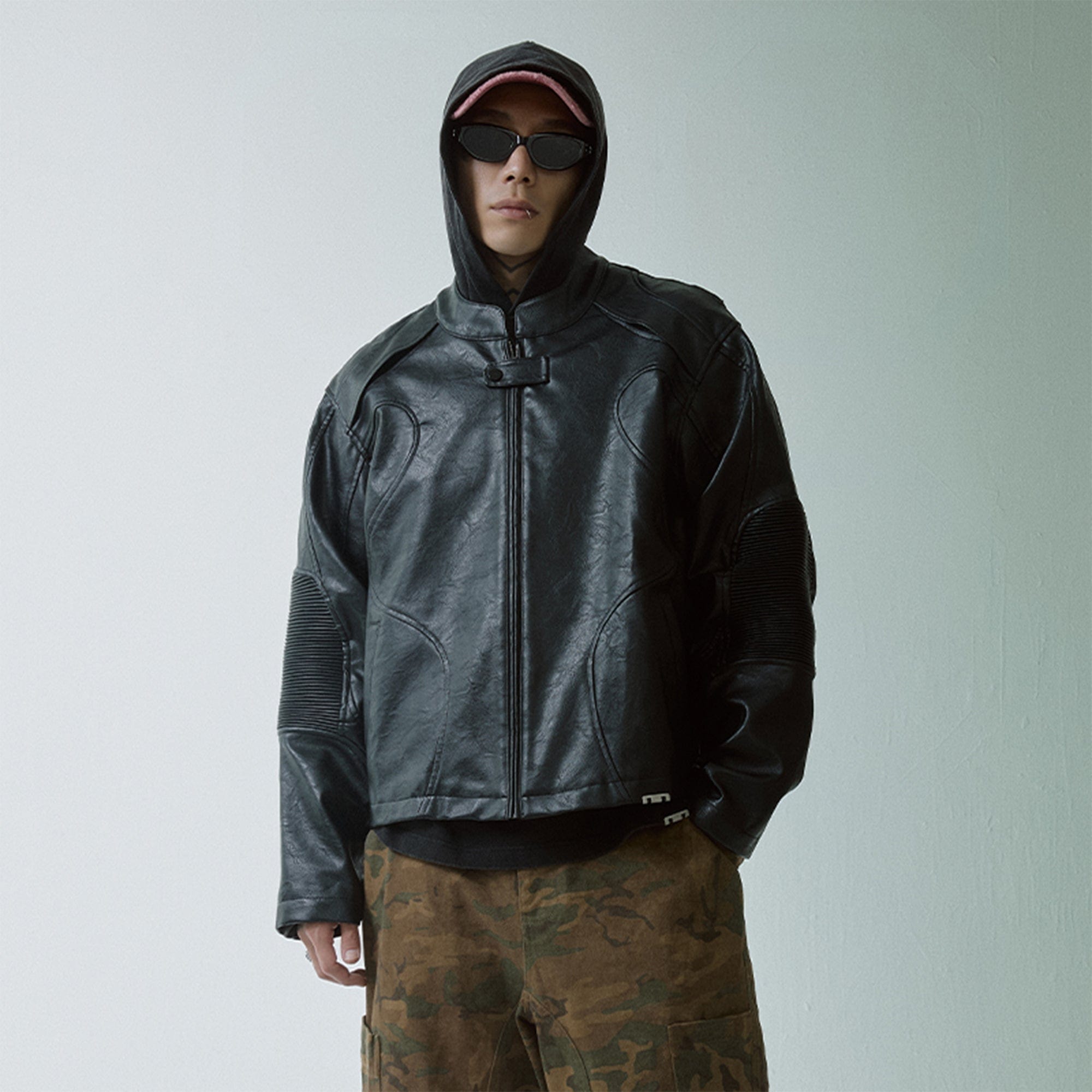 F2CE Modern Deconstructed Faux Leather Biker Jacket Black, premium urban and streetwear designers apparel on PROJECTISR.com, F2CE
