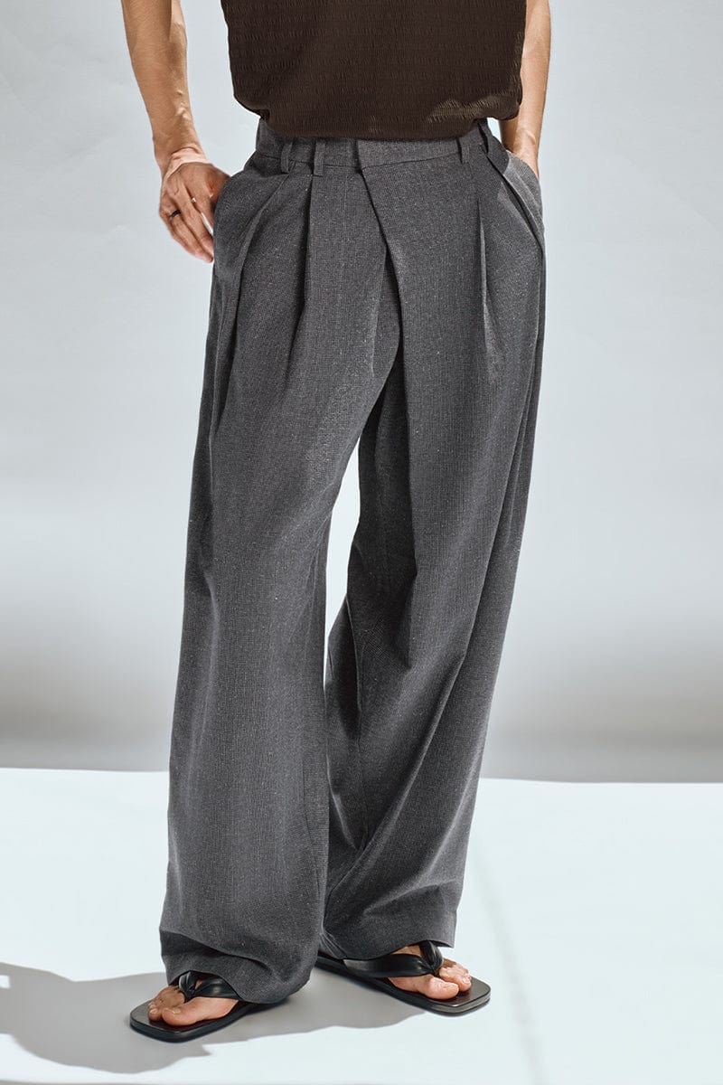 OPICLOTH Asymmetric Pleated Linen-Blend Micro Check Pants