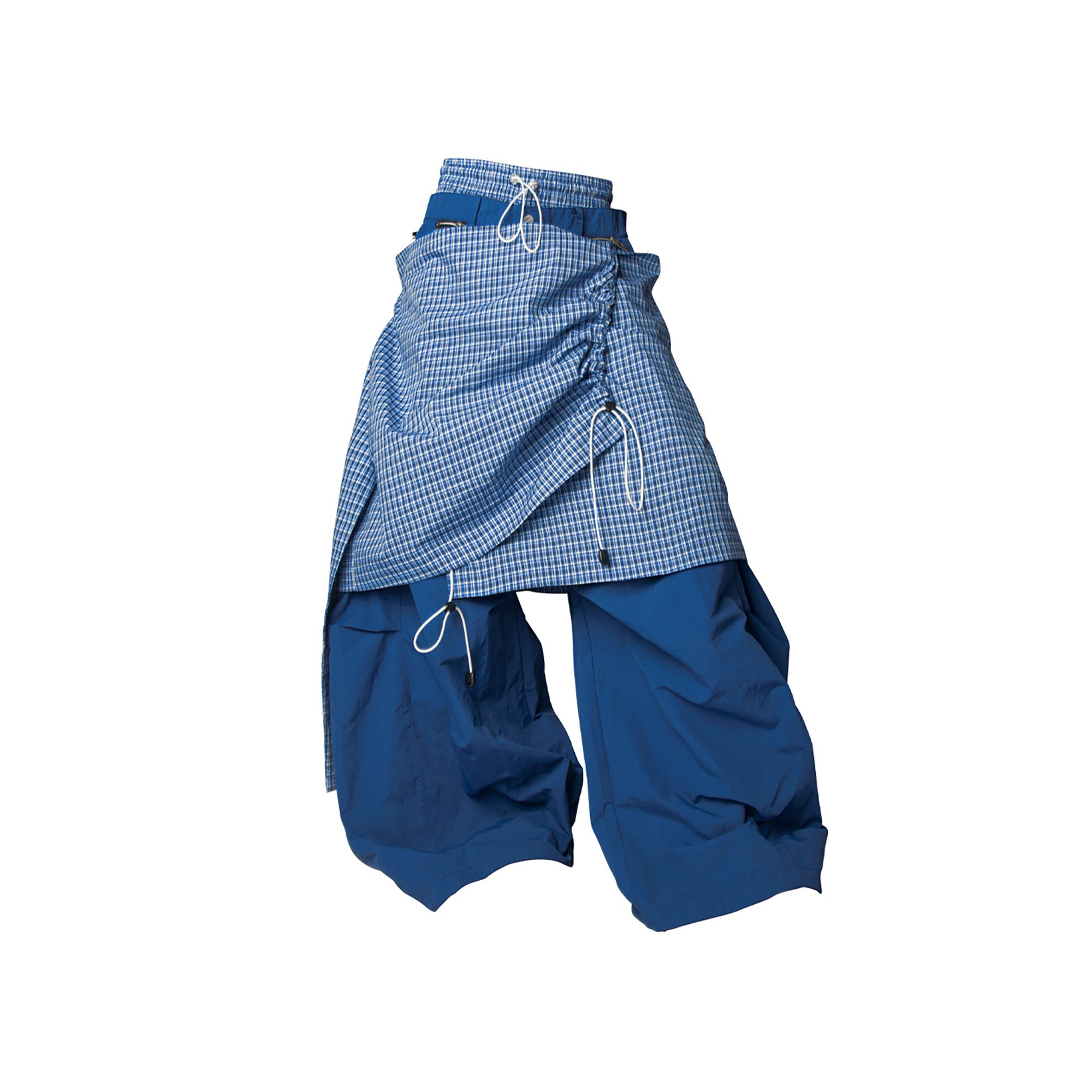 RELABEL Drawstring Layered Double-Waistband Parachute Pants Blue, premium urban and streetwear designers apparel on PROJECTISR.com, RELABEL