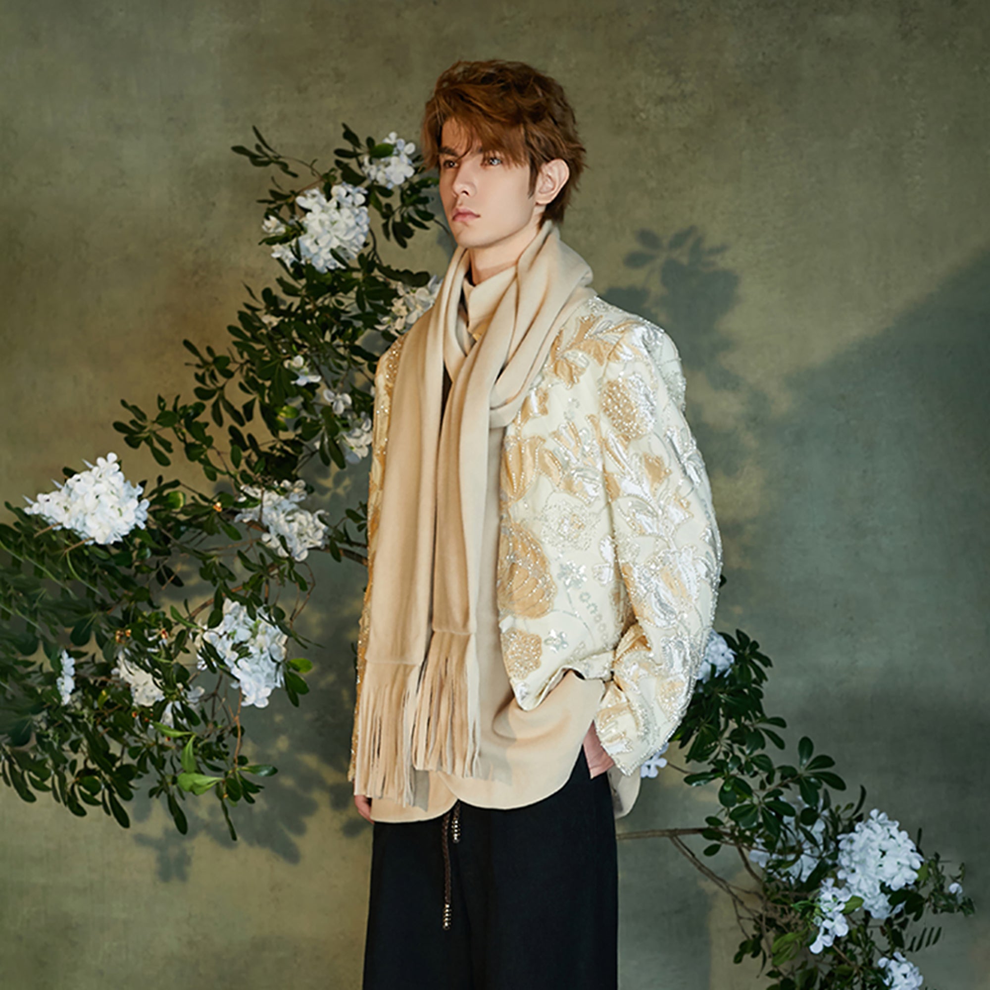 JIECHI Jacquard Embroidered Layered Mandarin Blazer