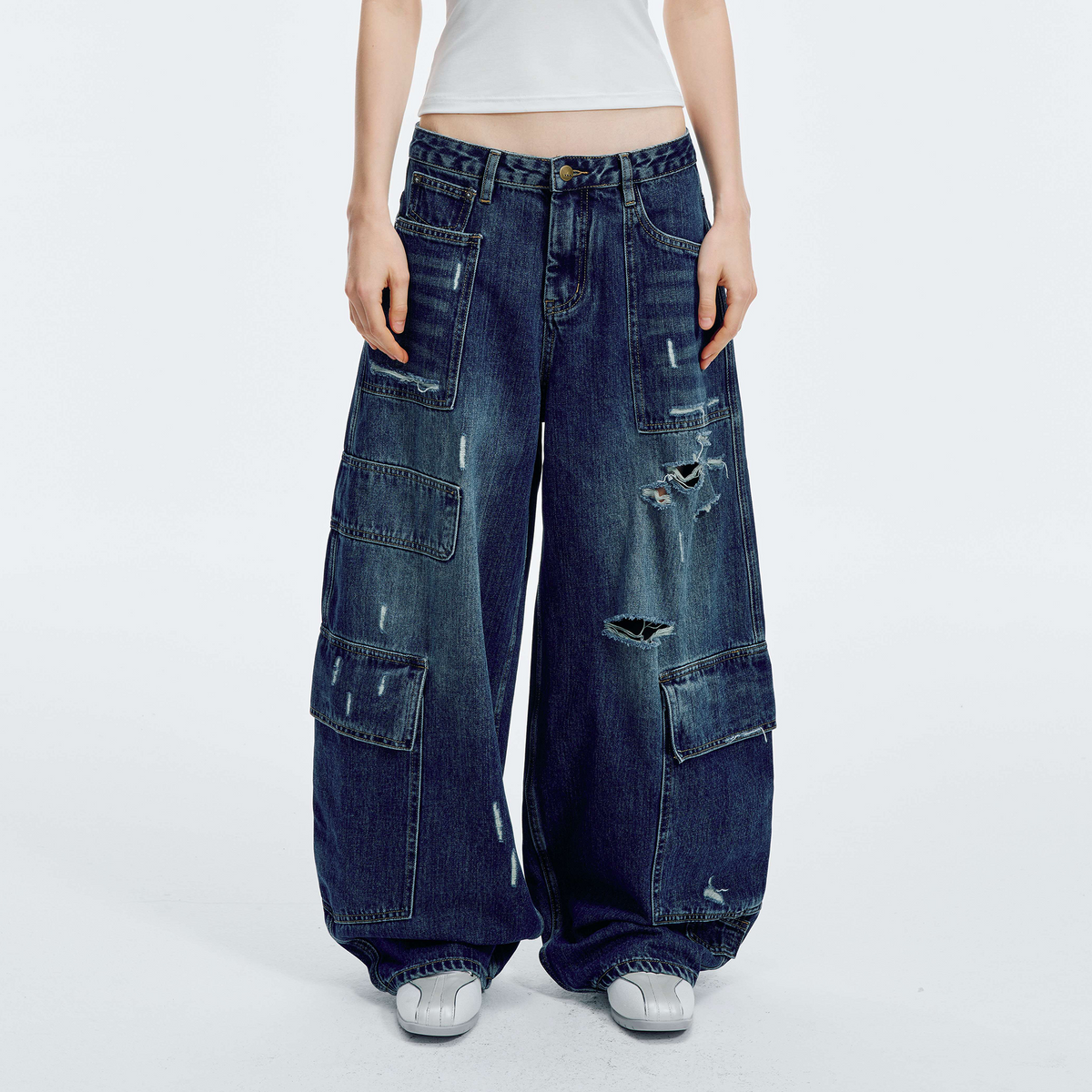 HAHAHA Washed Distressed Multi-Pocket Wide-Leg Jeans